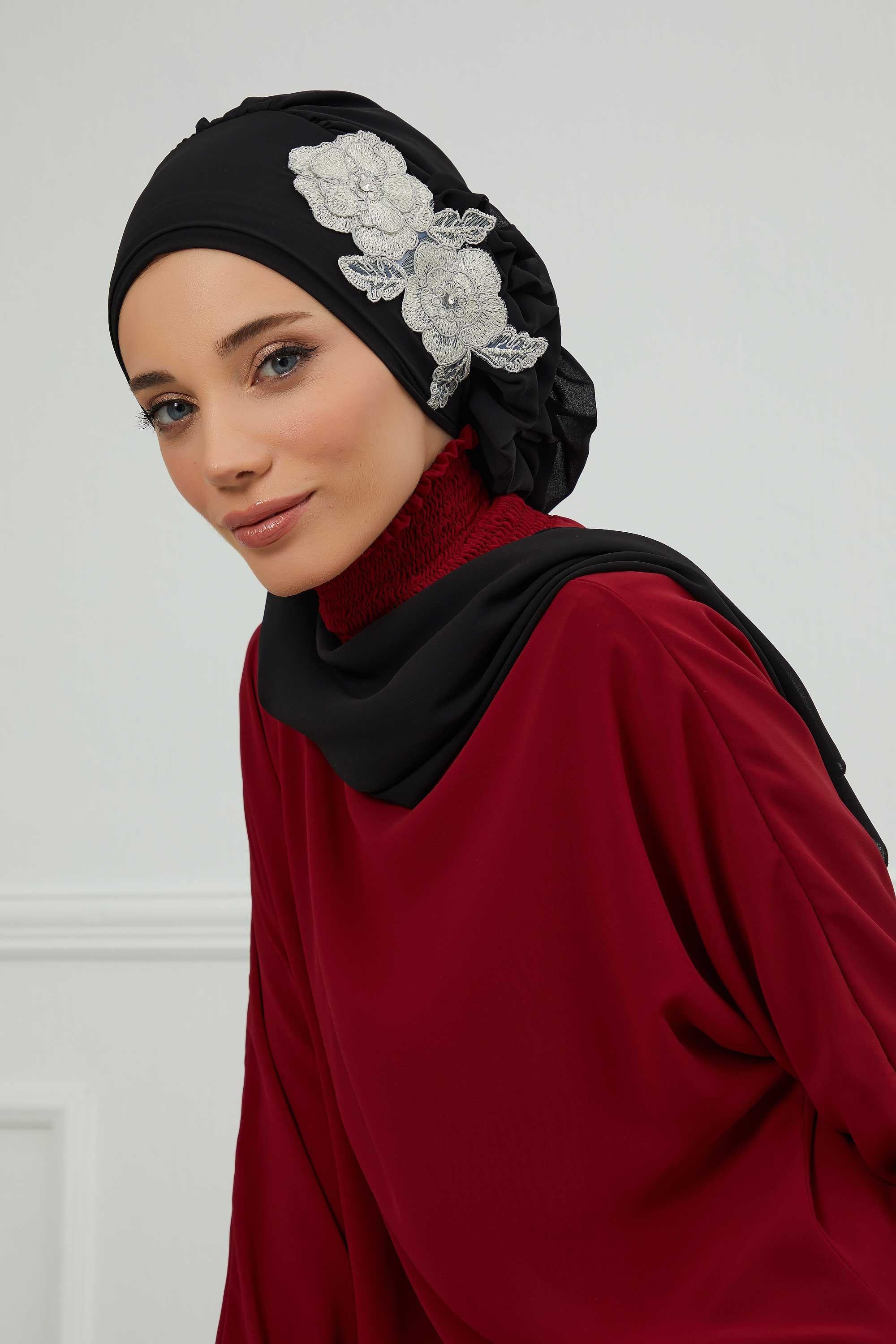 Yandan Fırfırlı Çiçek Aksesuarlı Şifon Hazır Türban,HT-102,HT-102