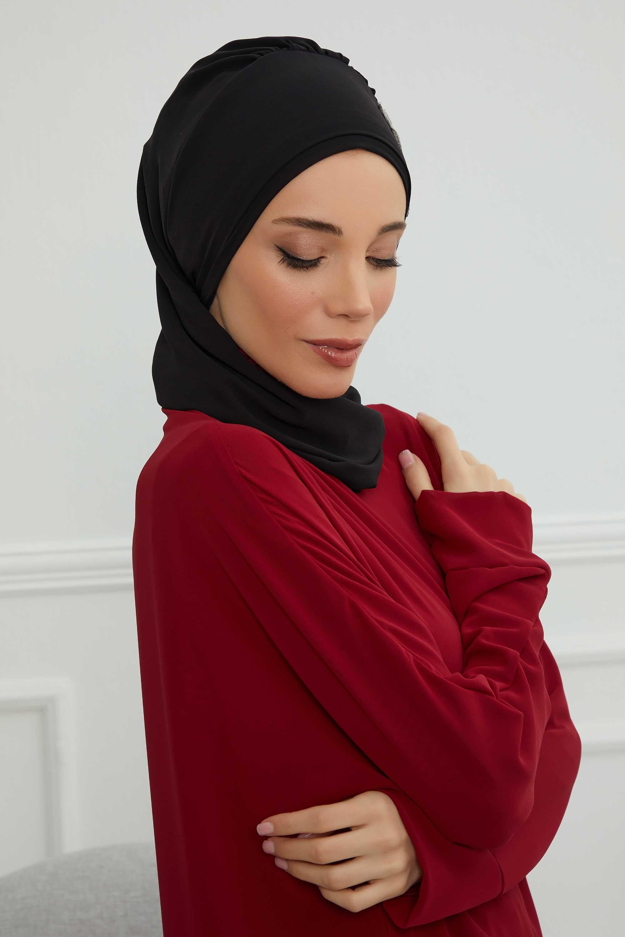 Yandan Fırfırlı Çiçek Aksesuarlı Şifon Hazır Türban,HT-102,HT-102