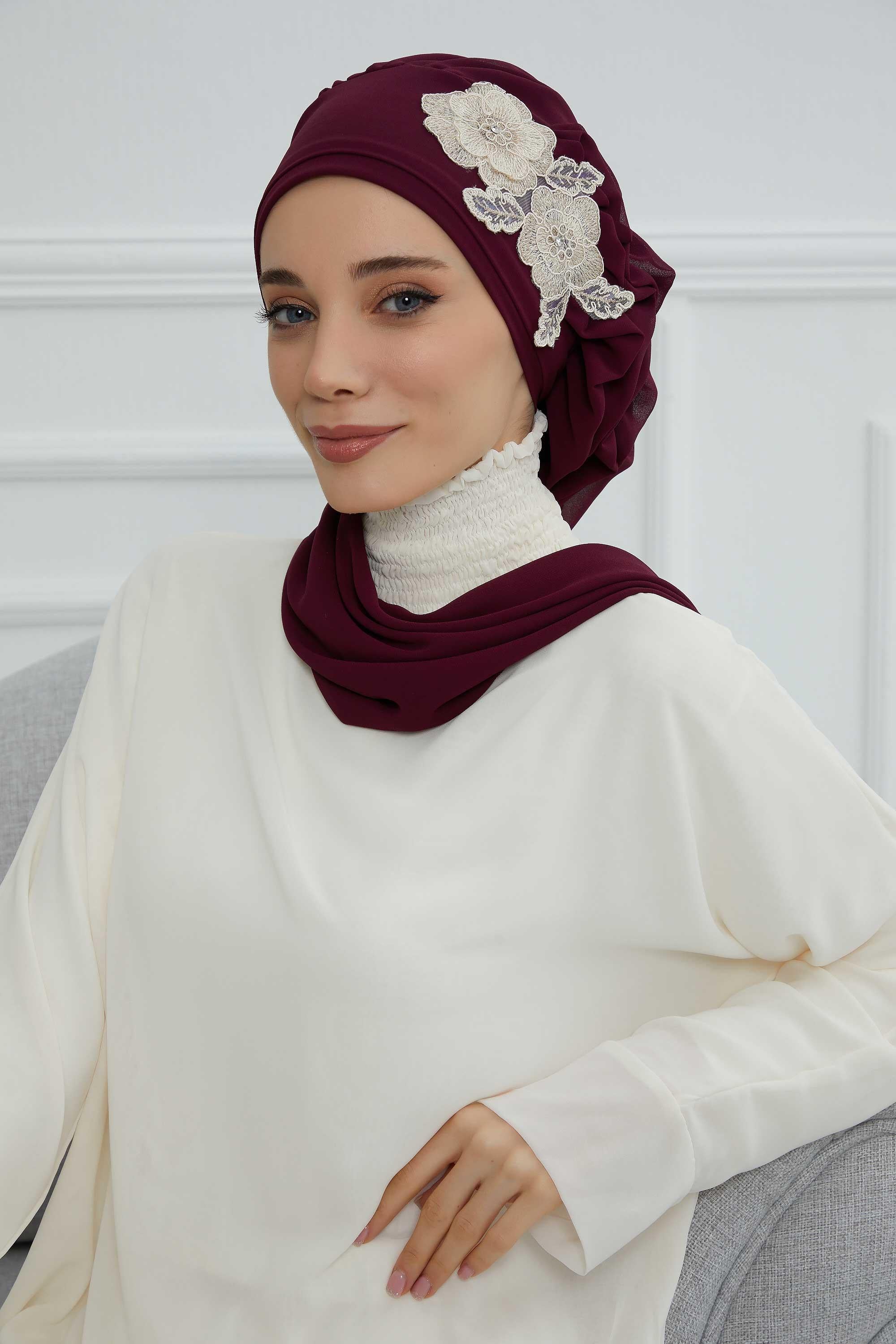 Yandan Fırfırlı Çiçek Aksesuarlı Şifon Hazır Türban,HT-102,HT-102
