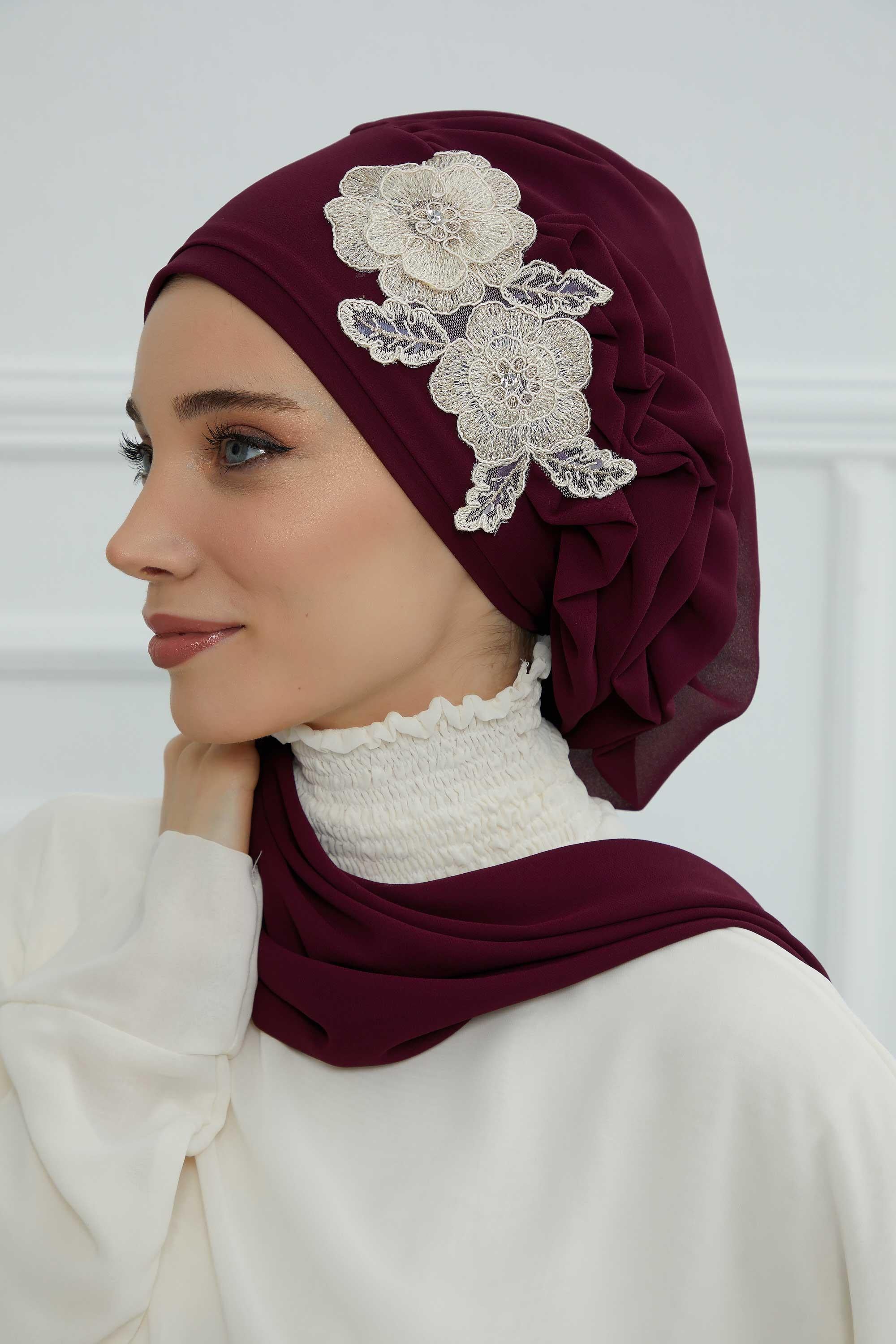 Yandan Fırfırlı Çiçek Aksesuarlı Şifon Hazır Türban,HT-102,HT-102