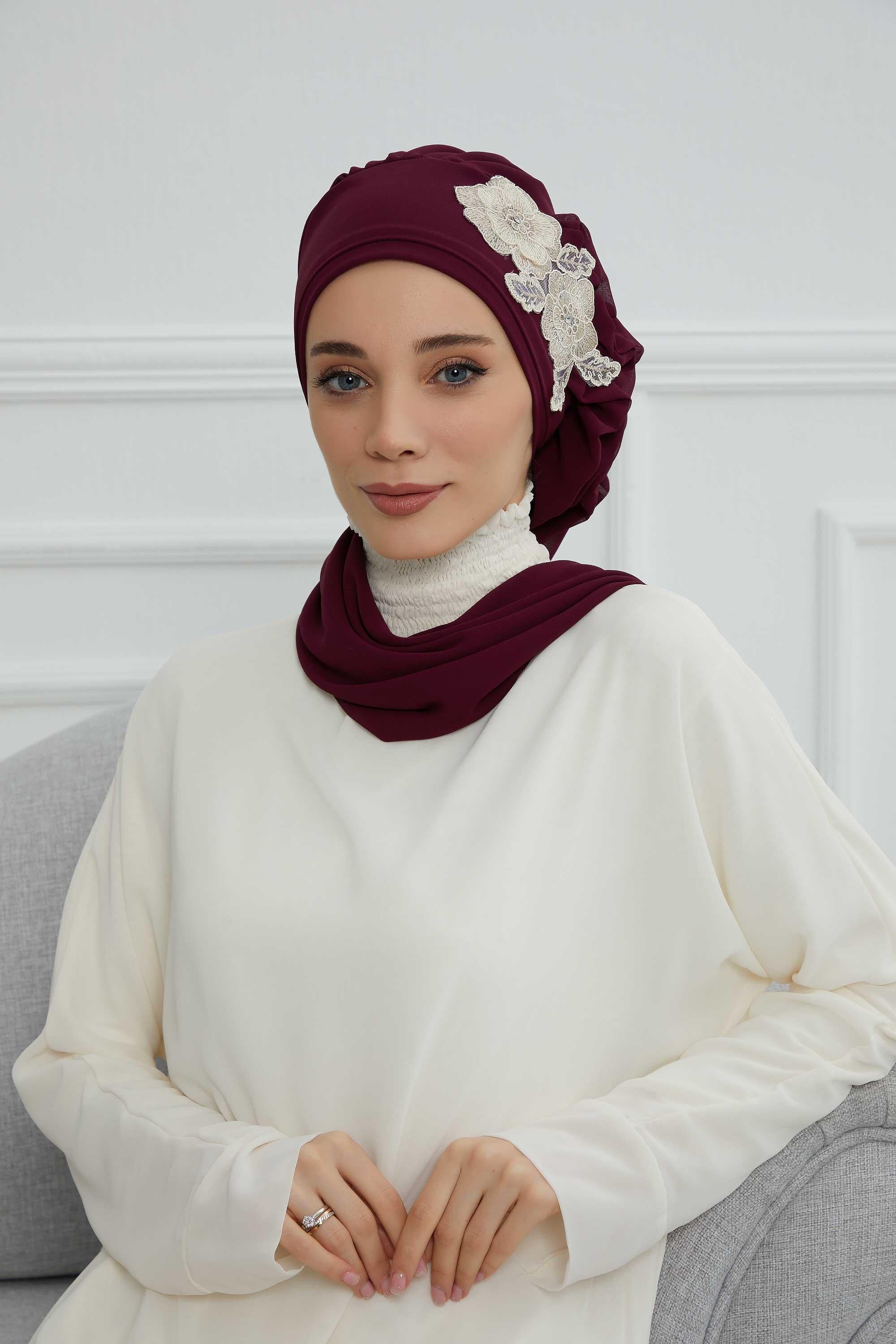 Yandan Fırfırlı Çiçek Aksesuarlı Şifon Hazır Türban,HT-102,HT-102
