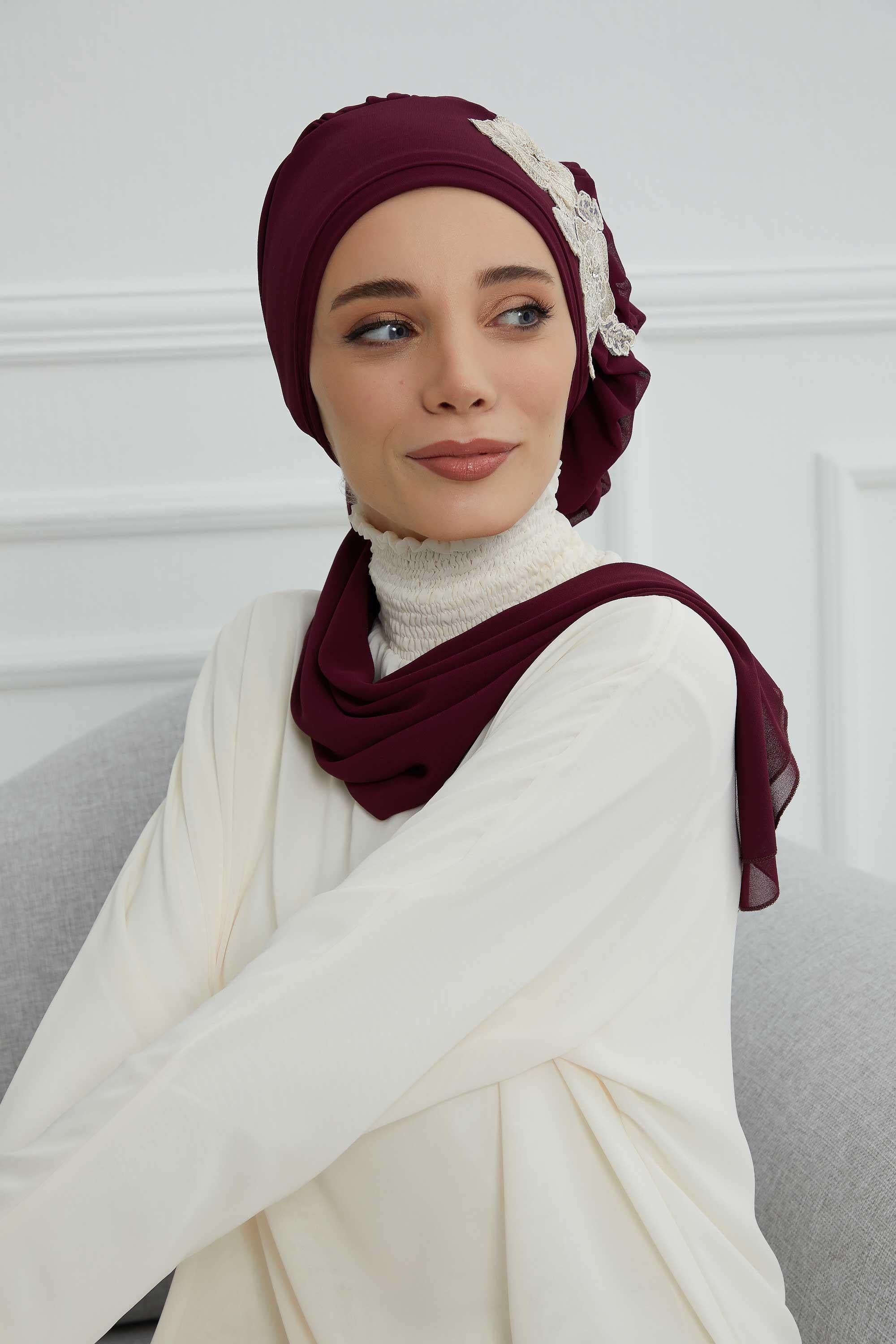 Yandan Fırfırlı Çiçek Aksesuarlı Şifon Hazır Türban,HT-102,HT-102