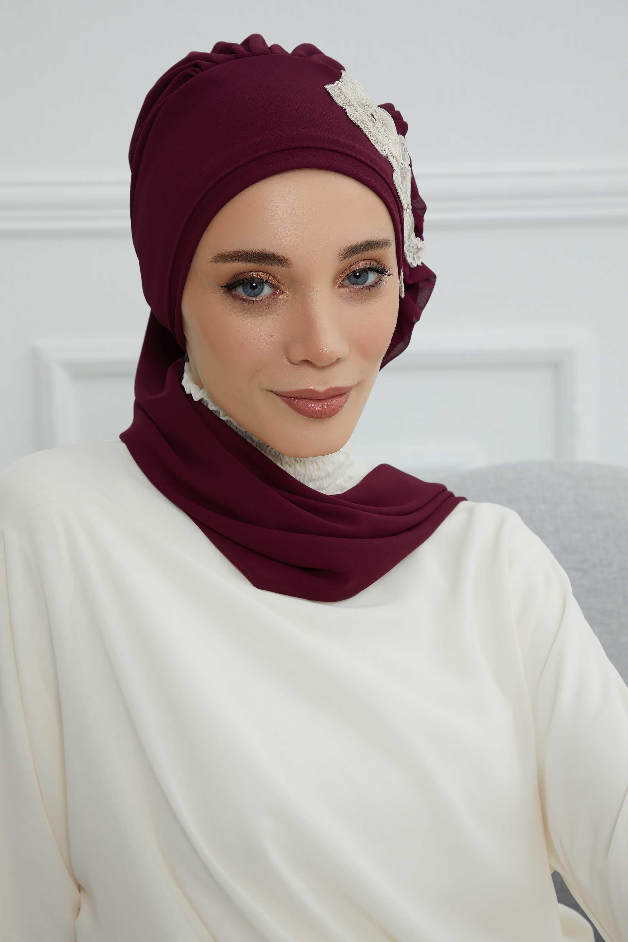 Yandan Fırfırlı Çiçek Aksesuarlı Şifon Hazır Türban,HT-102,HT-102