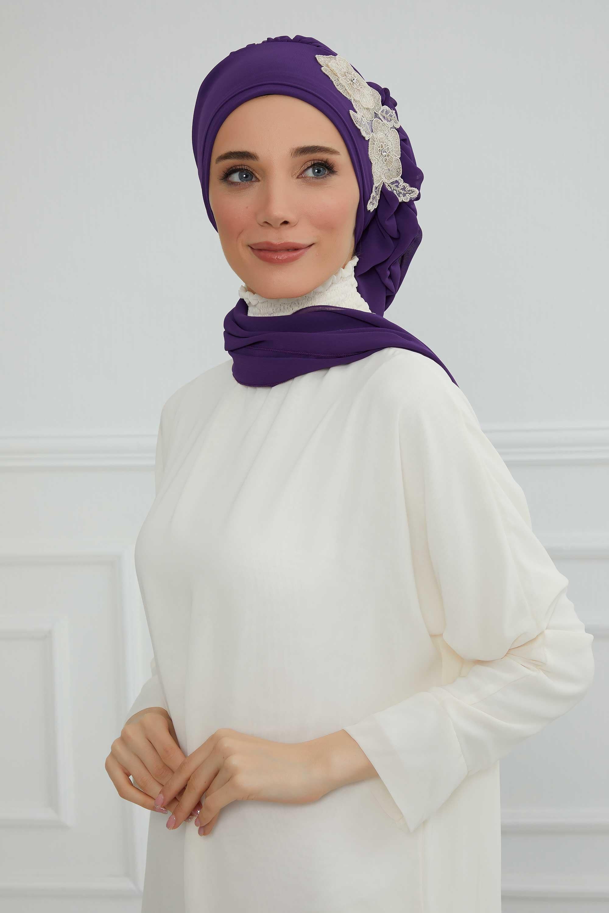 Yandan Fırfırlı Çiçek Aksesuarlı Şifon Hazır Türban,HT-102,HT-102