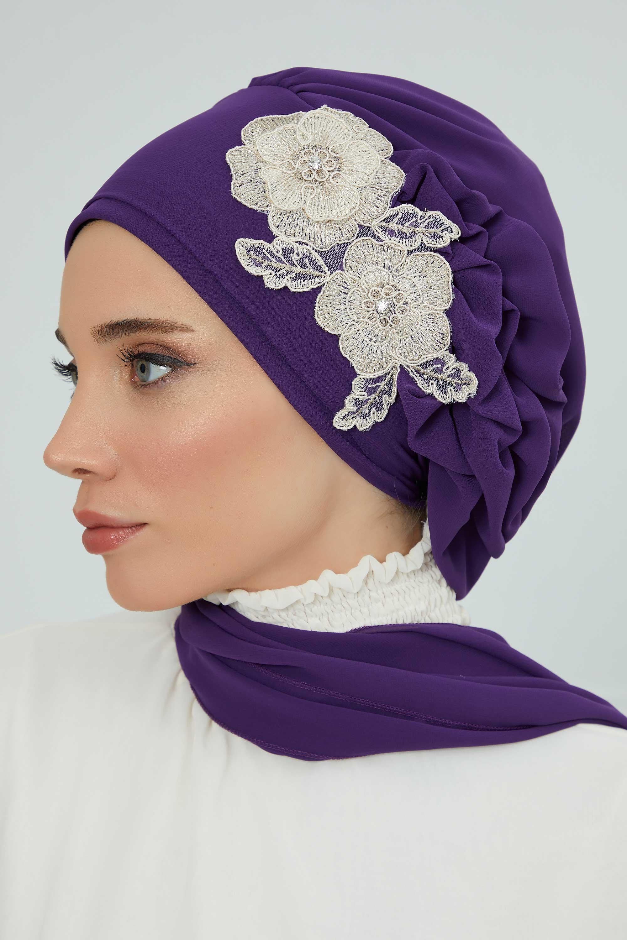 Yandan Fırfırlı Çiçek Aksesuarlı Şifon Hazır Türban,HT-102,HT-102