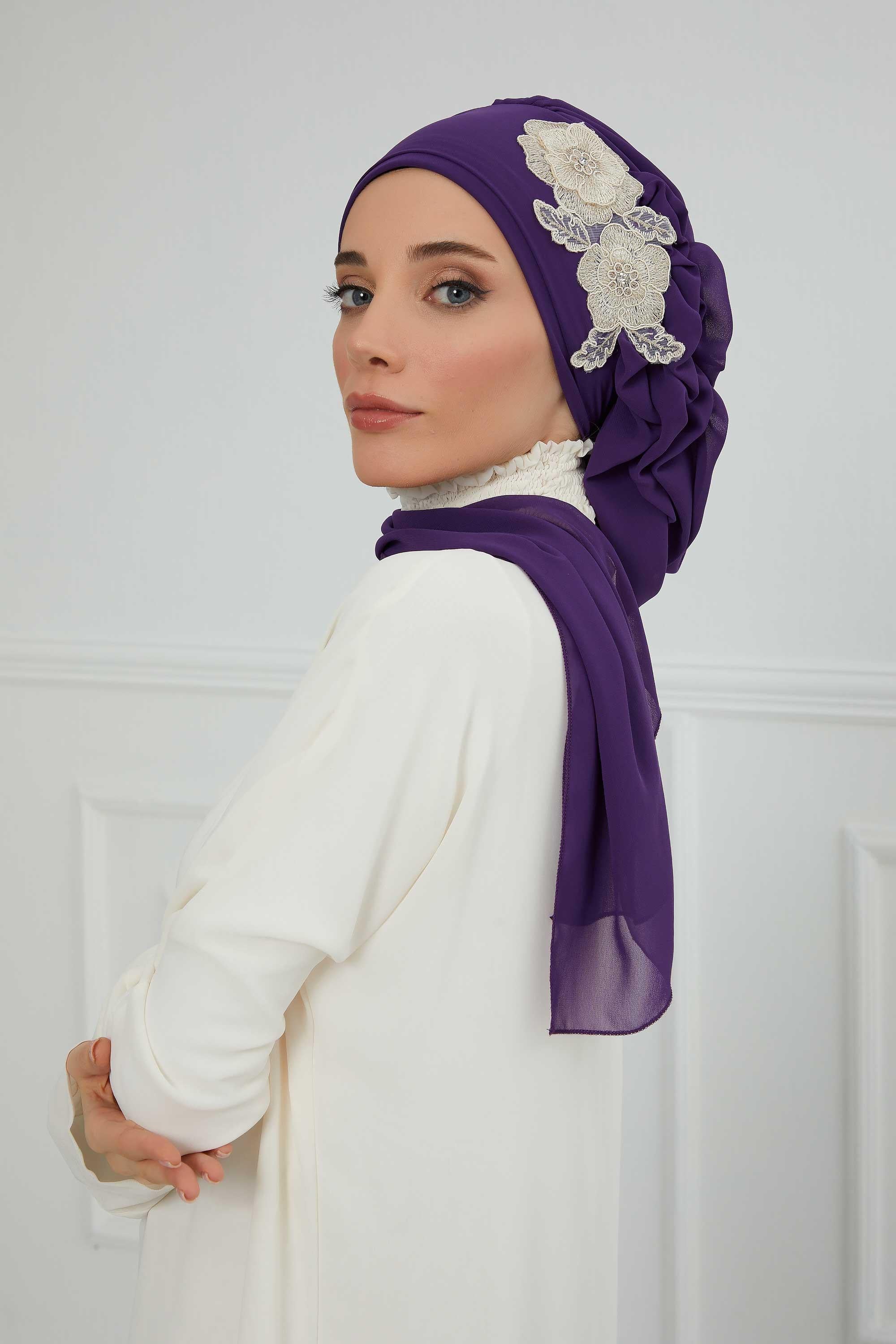 Yandan Fırfırlı Çiçek Aksesuarlı Şifon Hazır Türban,HT-102,HT-102