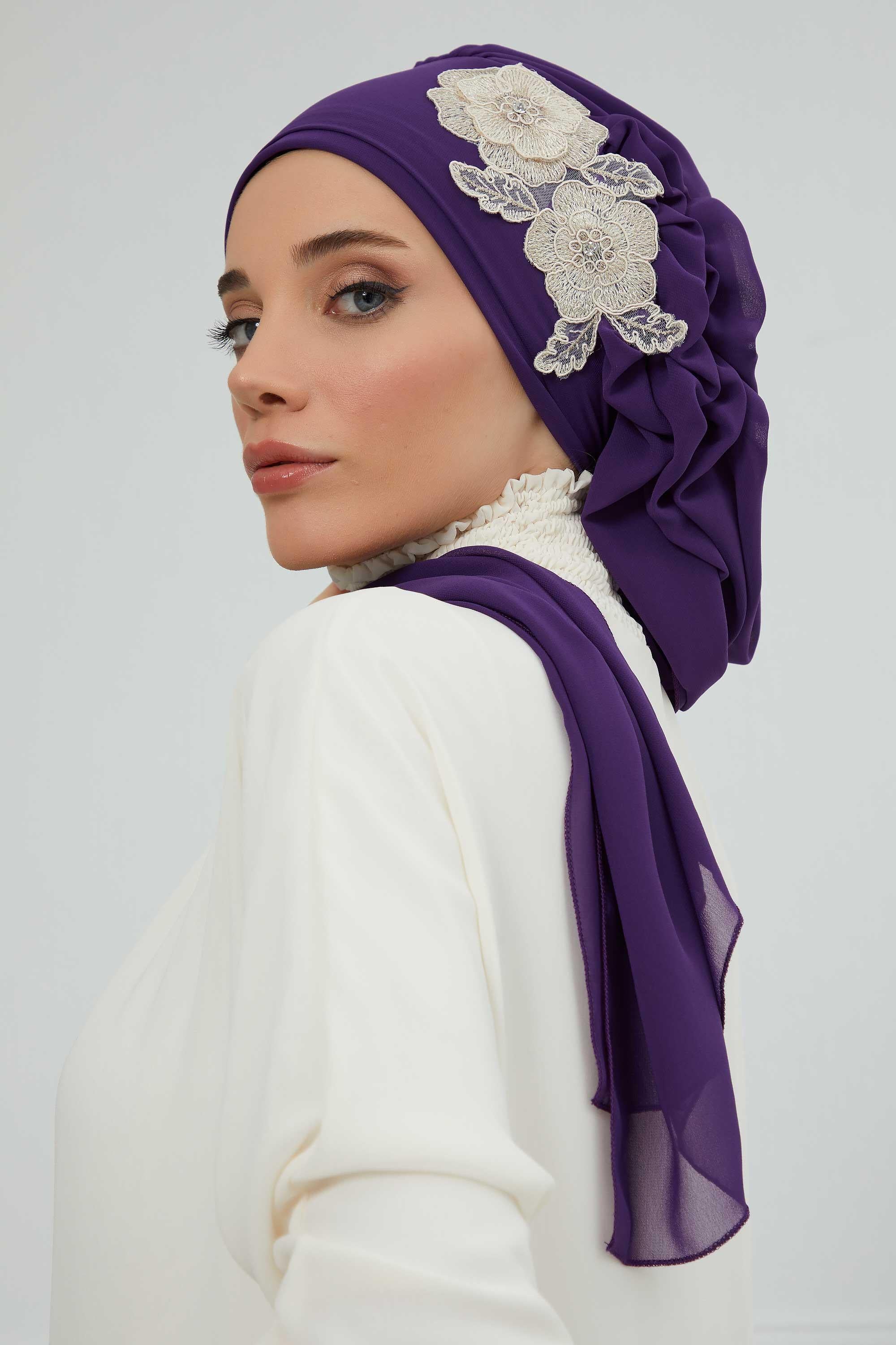 Yandan Fırfırlı Çiçek Aksesuarlı Şifon Hazır Türban,HT-102,HT-102