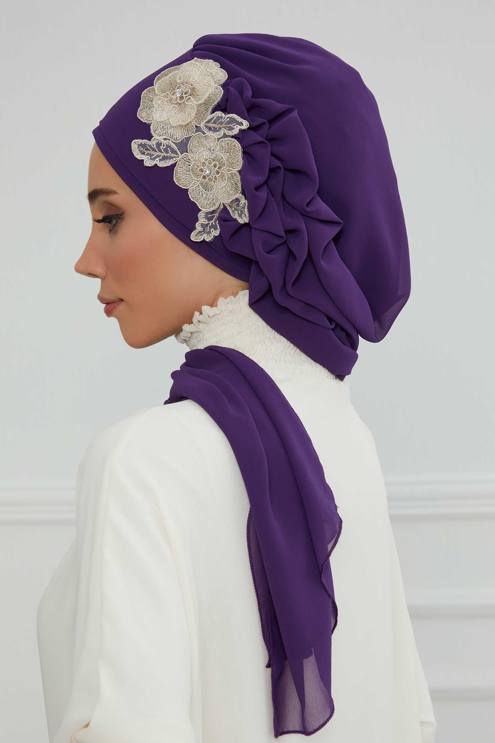 Yandan Fırfırlı Çiçek Aksesuarlı Şifon Hazır Türban,HT-102,HT-102