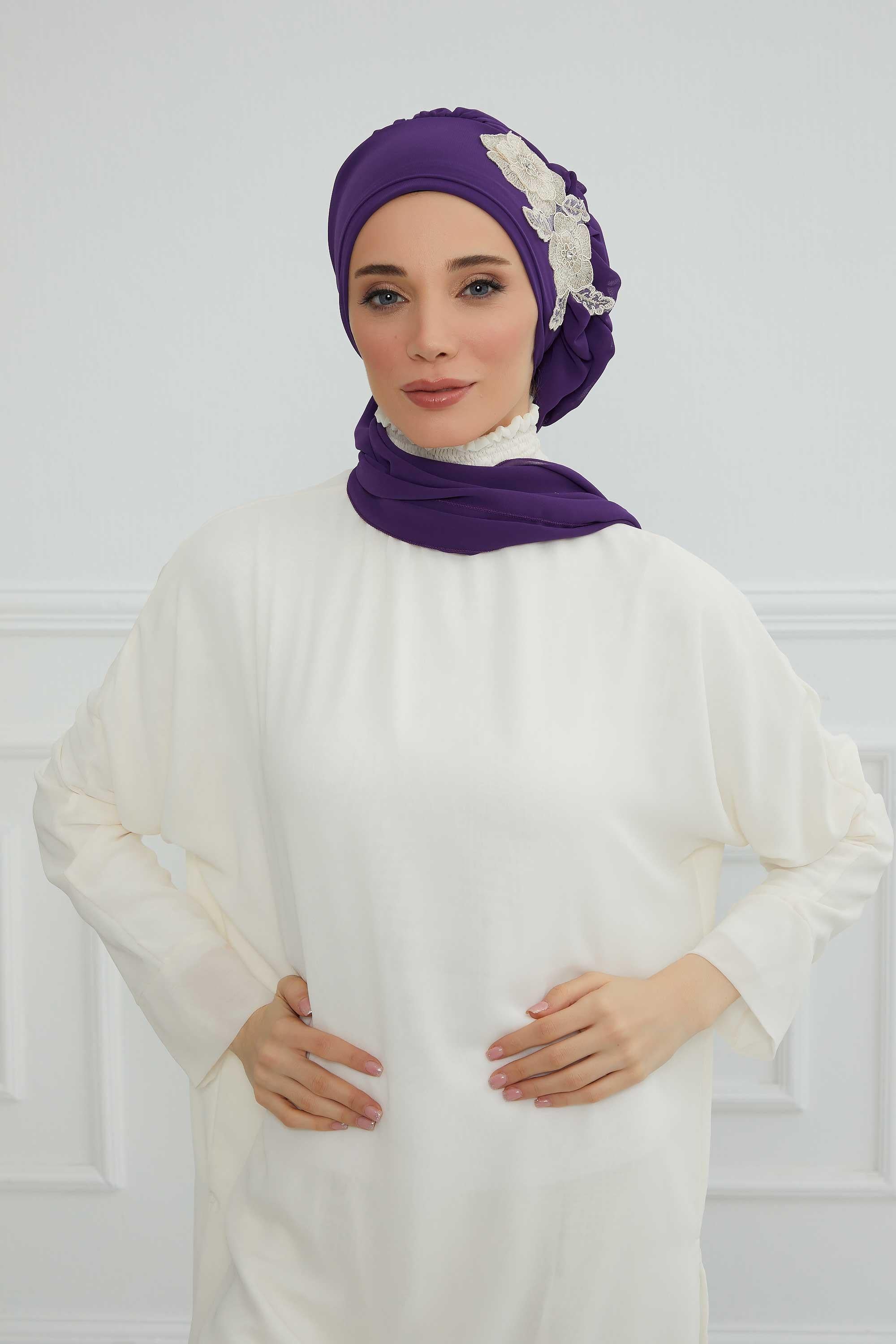 Yandan Fırfırlı Çiçek Aksesuarlı Şifon Hazır Türban,HT-102,HT-102