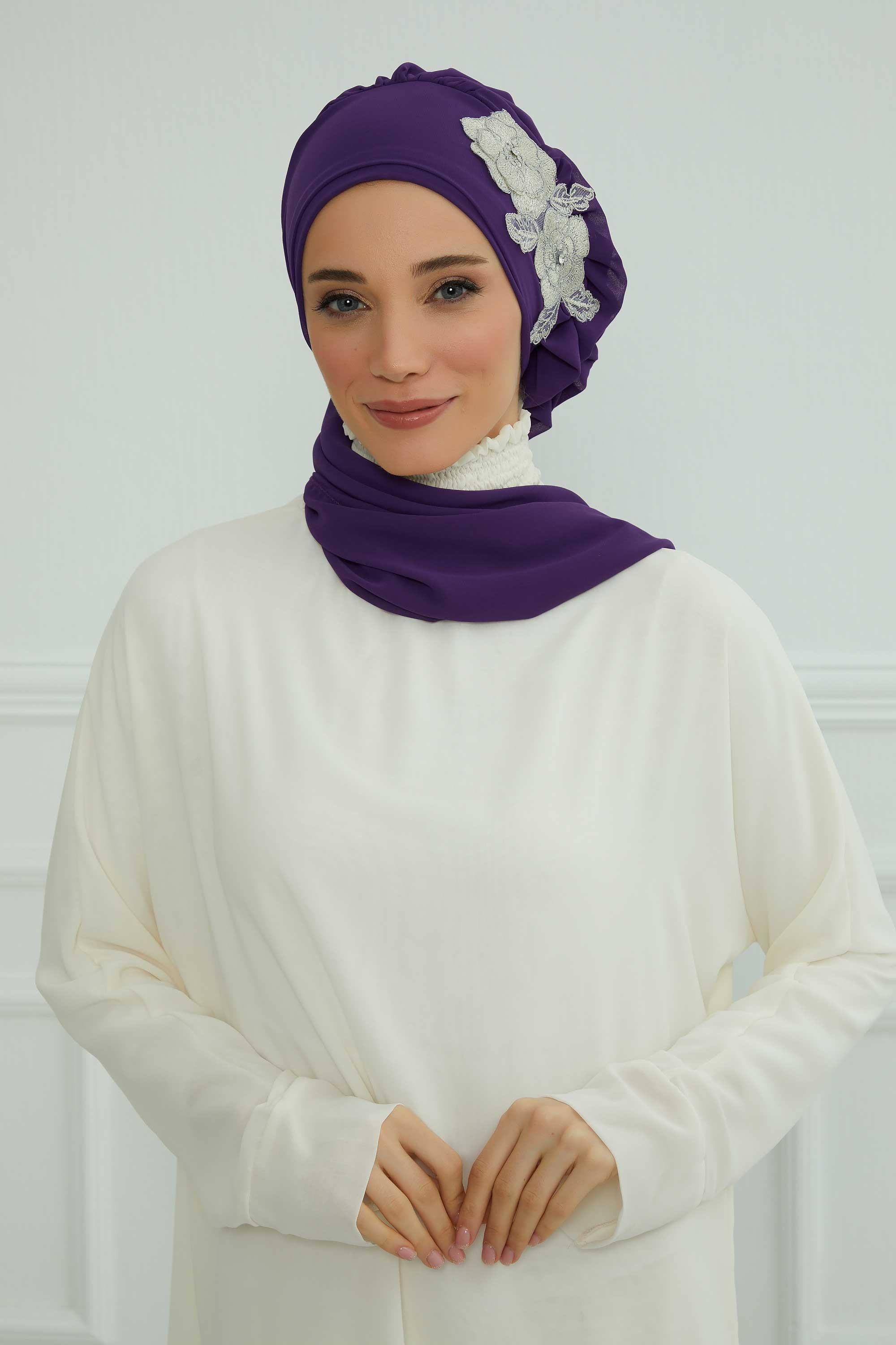 Yandan Fırfırlı Çiçek Aksesuarlı Şifon Hazır Türban,HT-102,HT-102