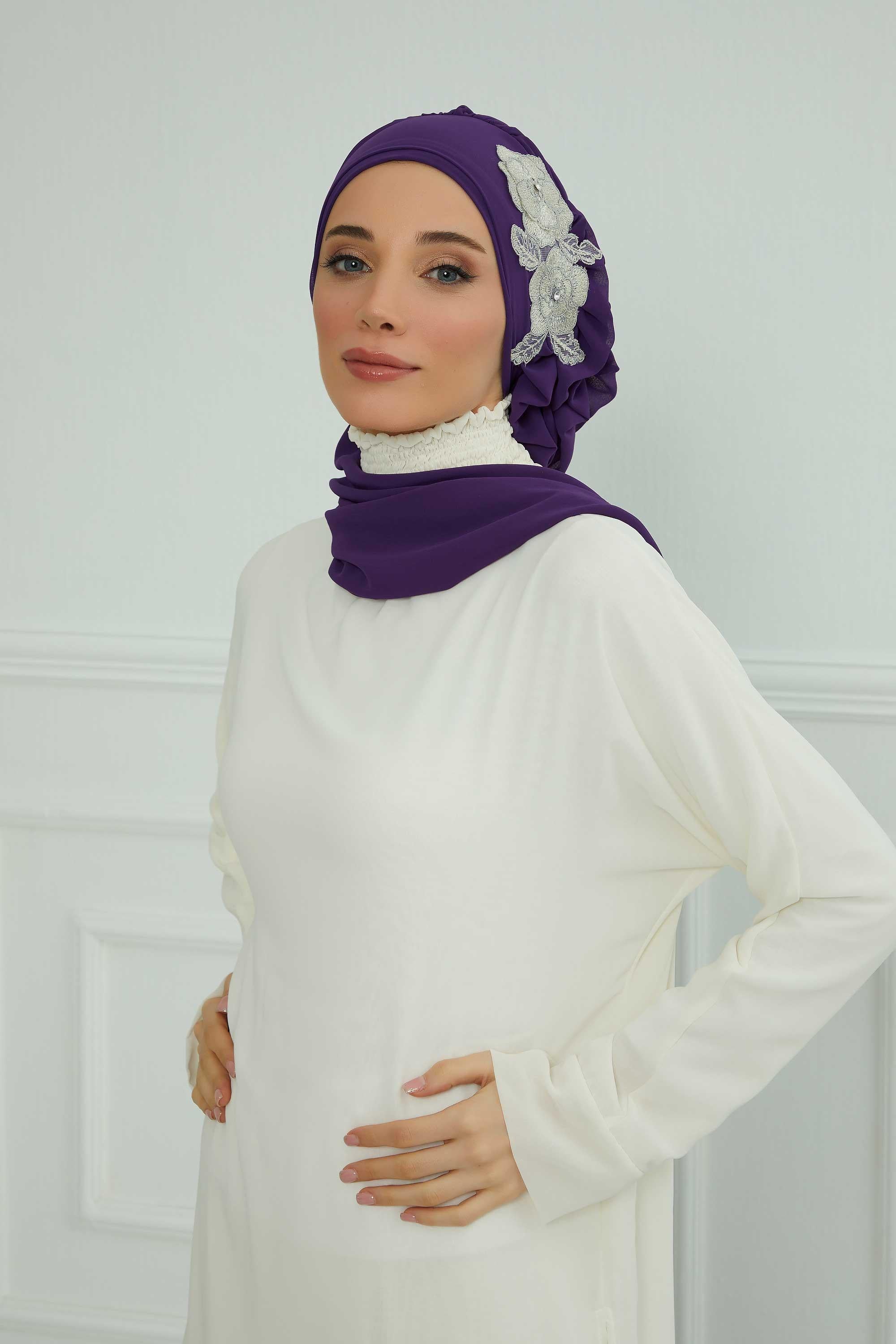 Yandan Fırfırlı Çiçek Aksesuarlı Şifon Hazır Türban,HT-102,HT-102