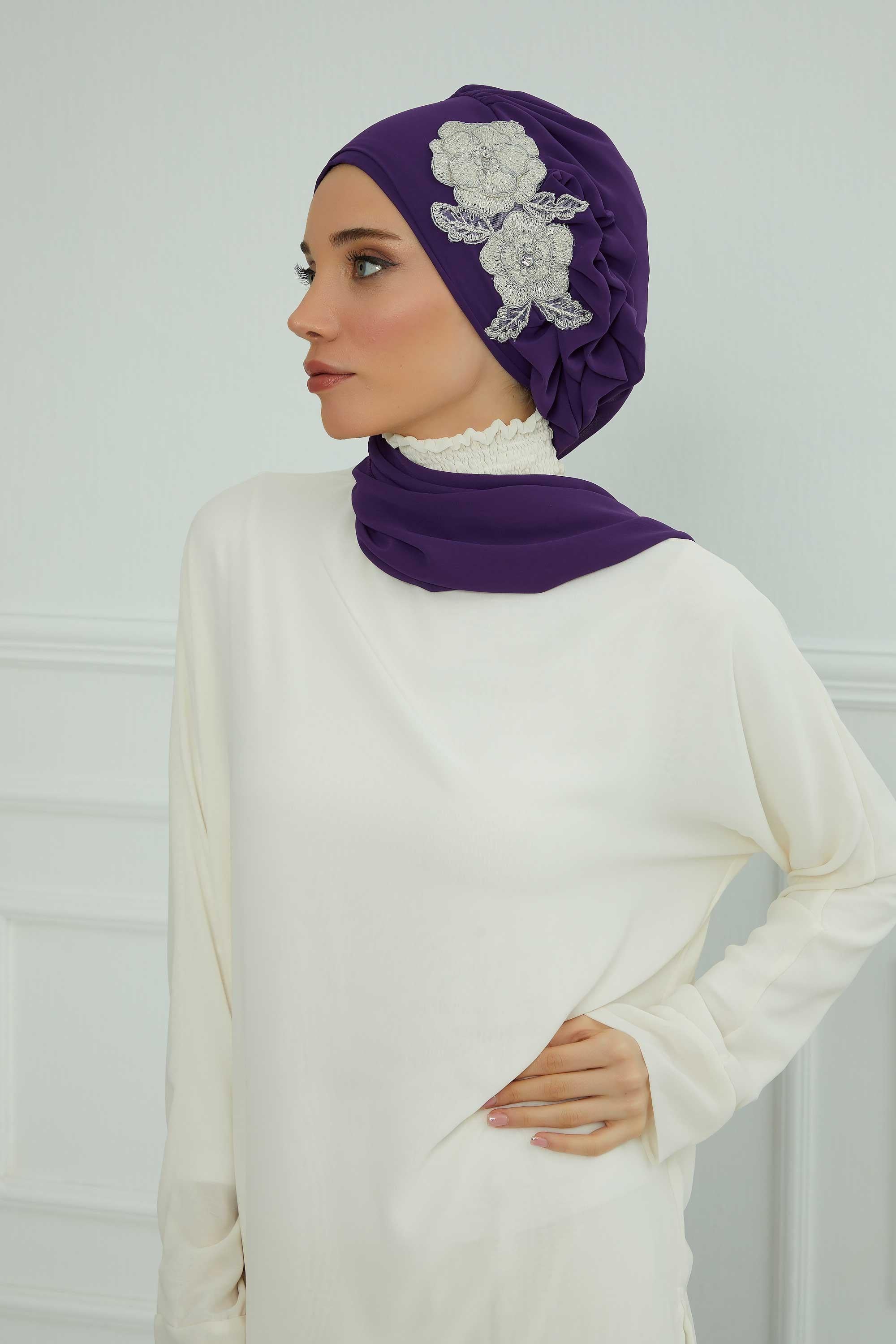 Yandan Fırfırlı Çiçek Aksesuarlı Şifon Hazır Türban,HT-102,HT-102
