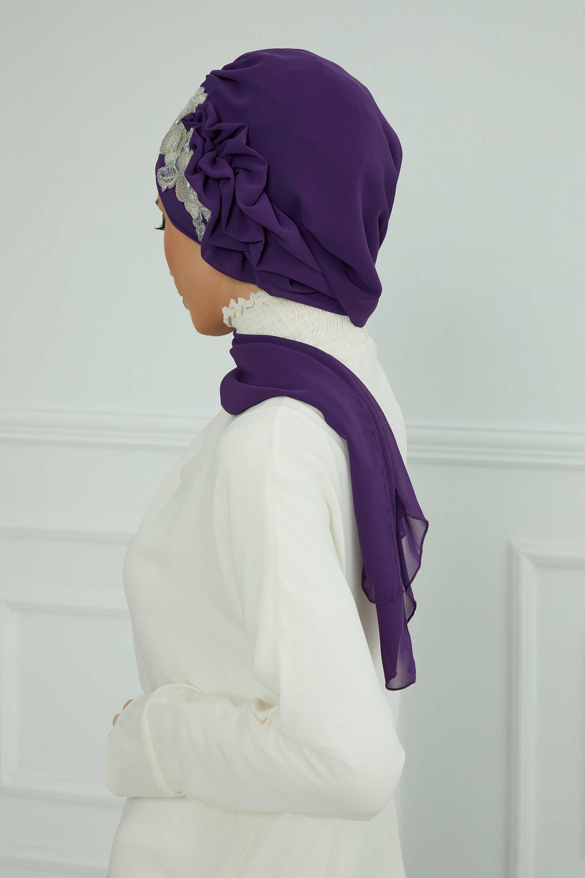 Yandan Fırfırlı Çiçek Aksesuarlı Şifon Hazır Türban,HT-102,HT-102