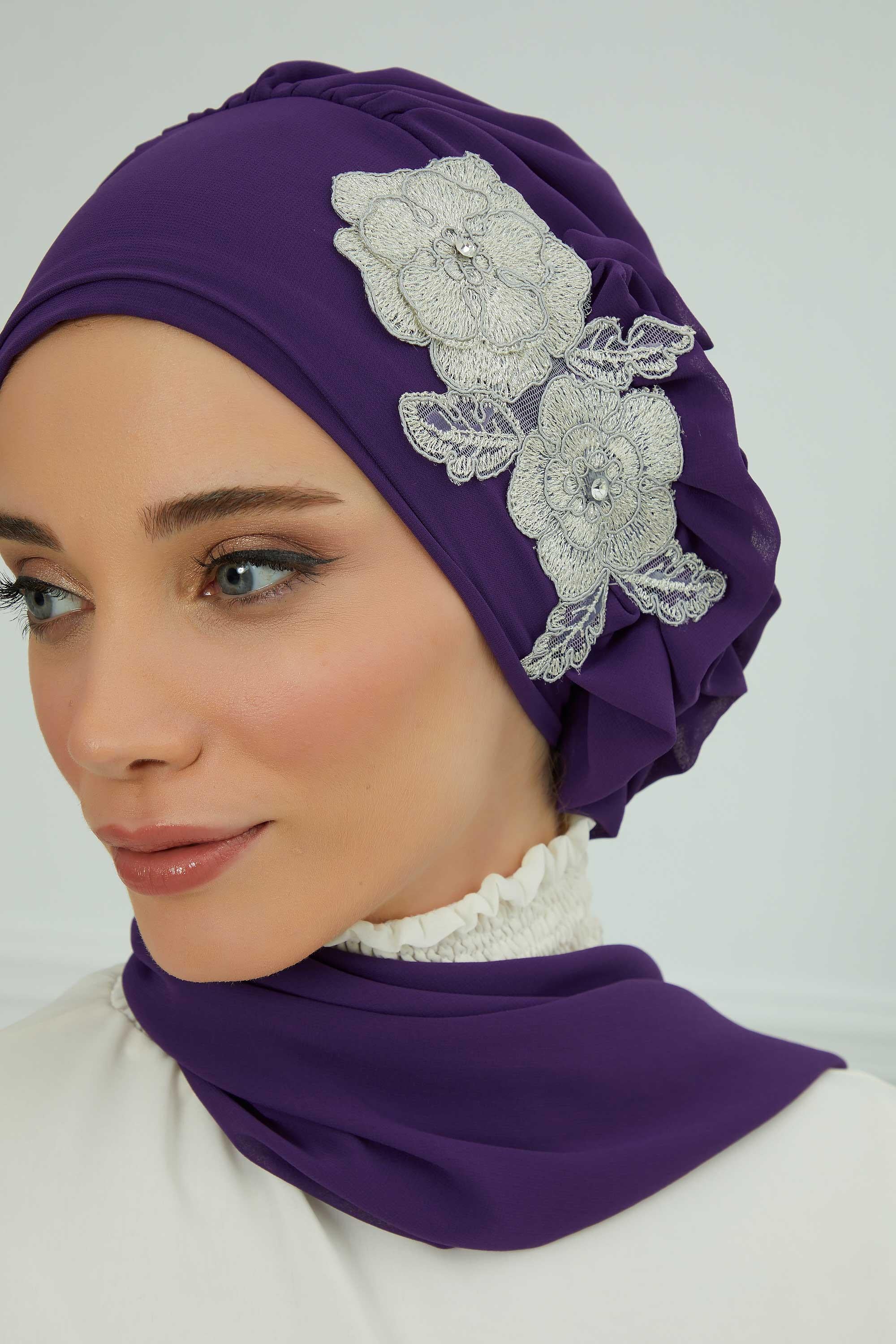 Yandan Fırfırlı Çiçek Aksesuarlı Şifon Hazır Türban,HT-102,HT-102