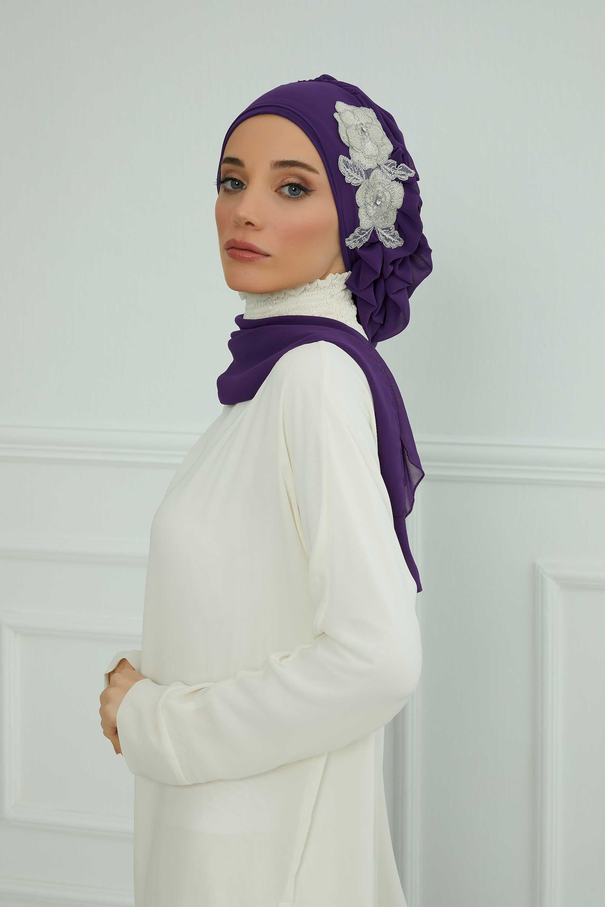 Yandan Fırfırlı Çiçek Aksesuarlı Şifon Hazır Türban,HT-102,HT-102