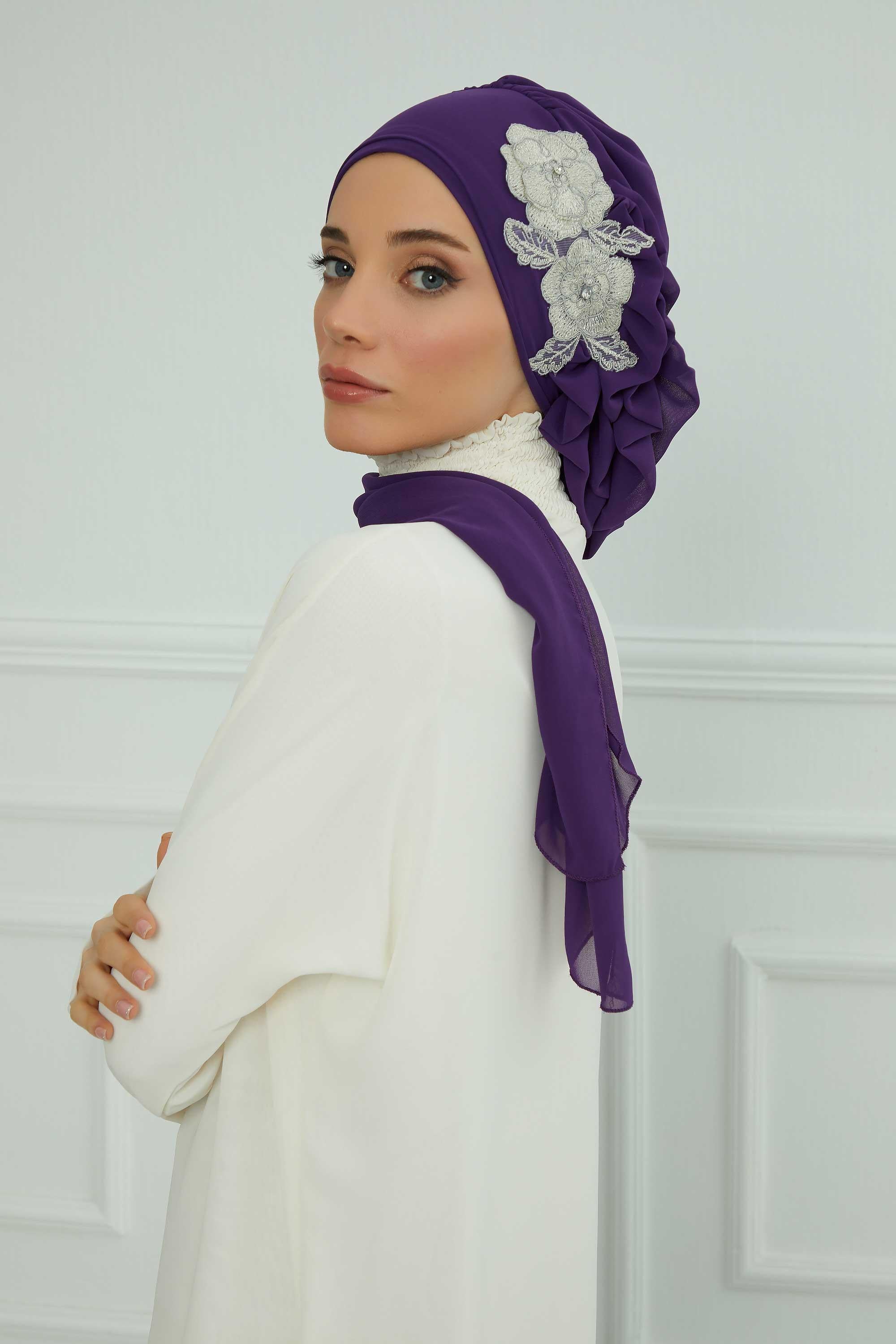 Yandan Fırfırlı Çiçek Aksesuarlı Şifon Hazır Türban,HT-102,HT-102