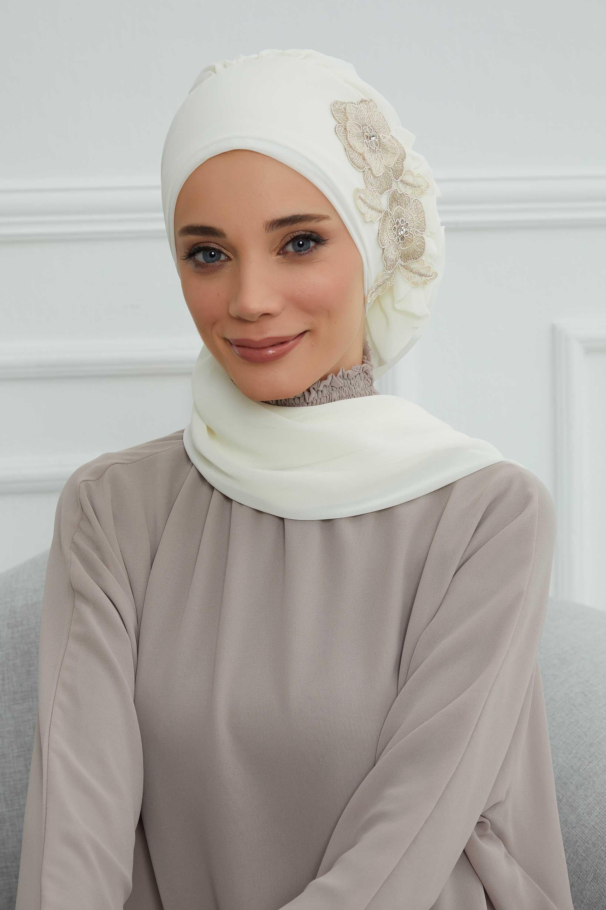 Yandan Fırfırlı Çiçek Aksesuarlı Şifon Hazır Türban,HT-102,HT-102