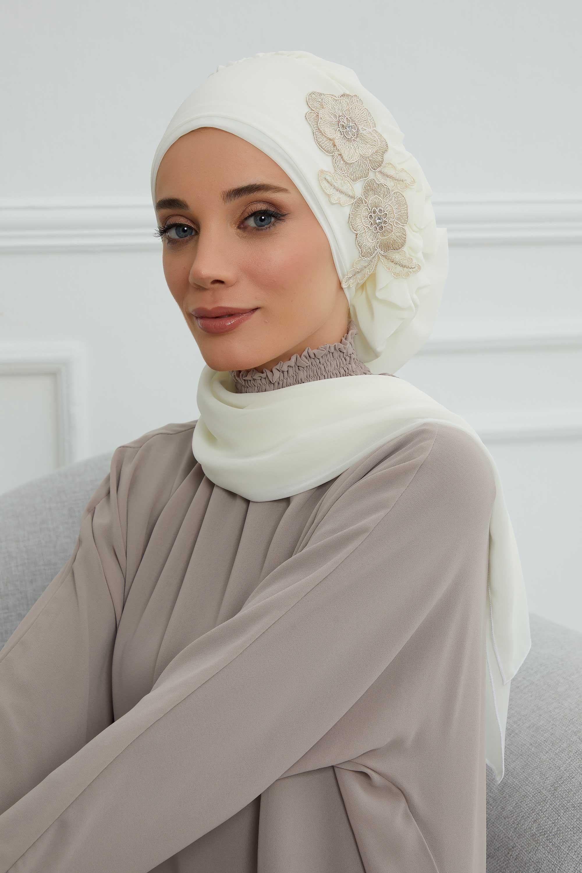 Yandan Fırfırlı Çiçek Aksesuarlı Şifon Hazır Türban,HT-102,HT-102