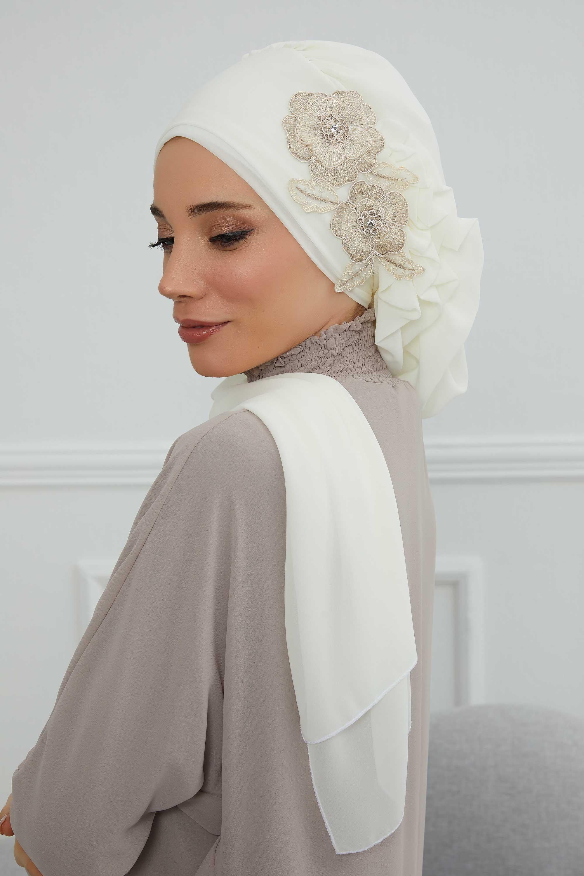 Yandan Fırfırlı Çiçek Aksesuarlı Şifon Hazır Türban,HT-102,HT-102