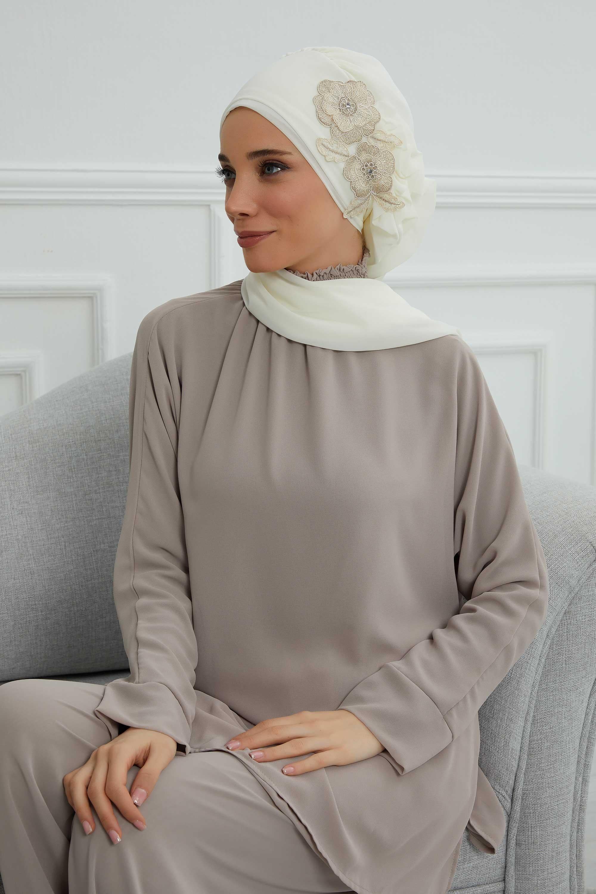 Yandan Fırfırlı Çiçek Aksesuarlı Şifon Hazır Türban,HT-102,HT-102