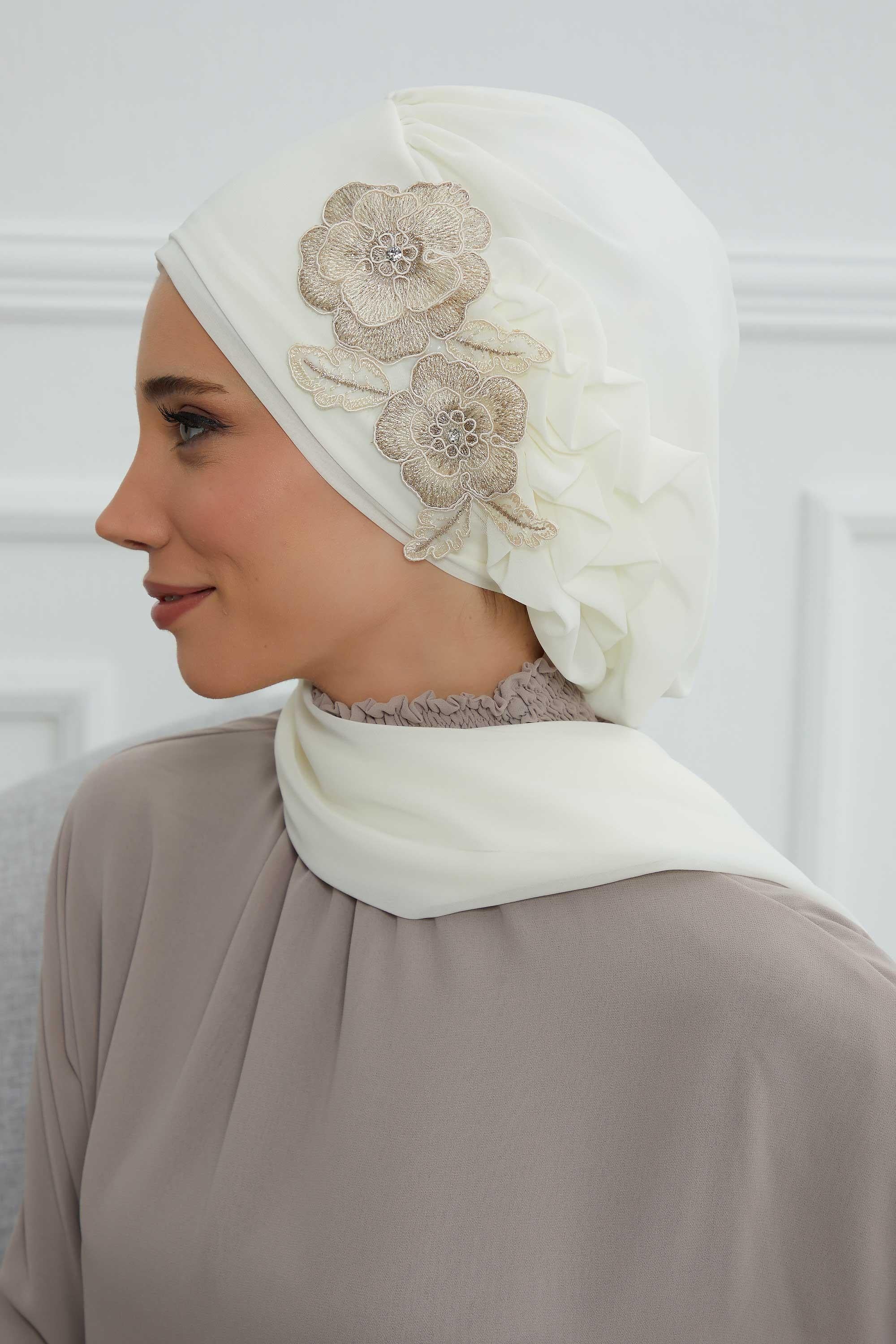 Yandan Fırfırlı Çiçek Aksesuarlı Şifon Hazır Türban,HT-102,HT-102