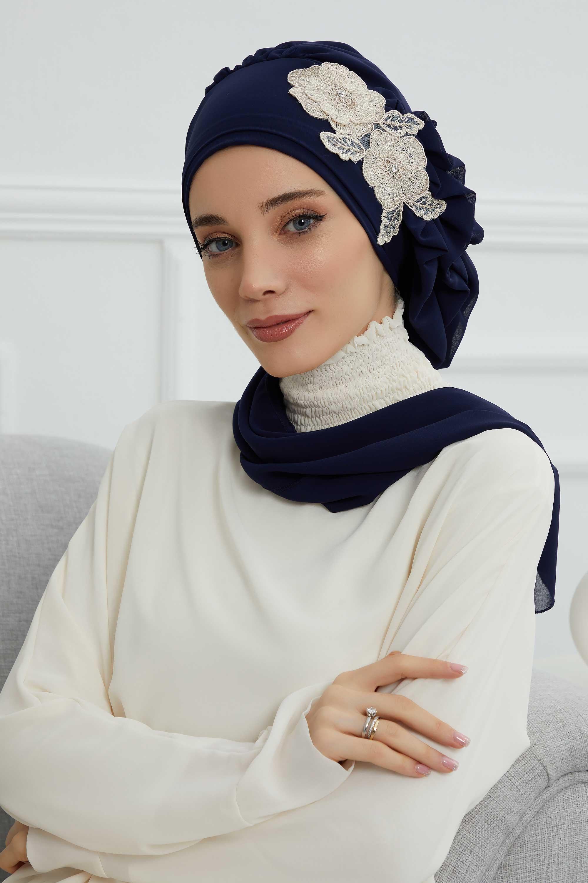 Yandan Fırfırlı Çiçek Aksesuarlı Şifon Hazır Türban,HT-102,HT-102