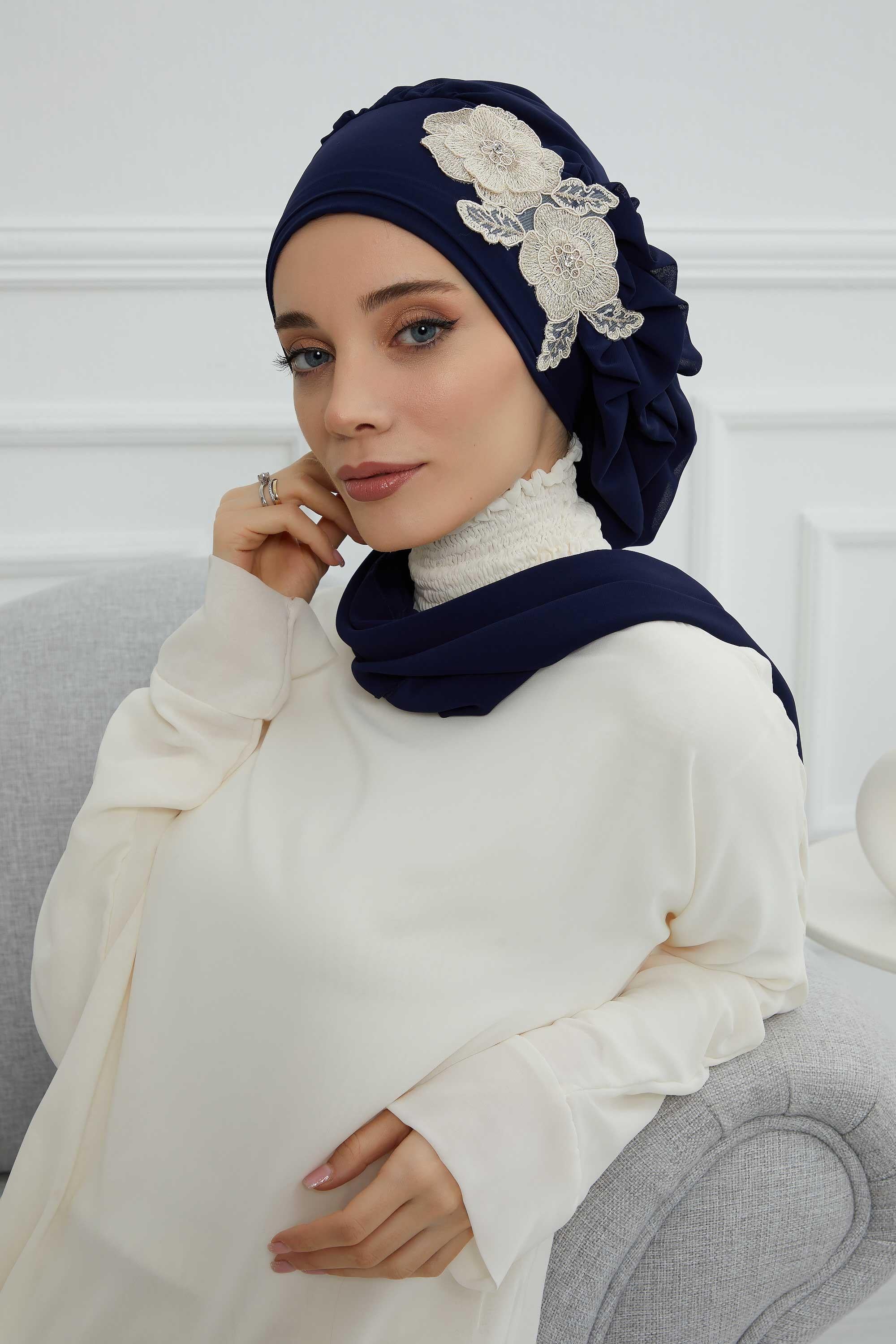 Yandan Fırfırlı Çiçek Aksesuarlı Şifon Hazır Türban,HT-102,HT-102