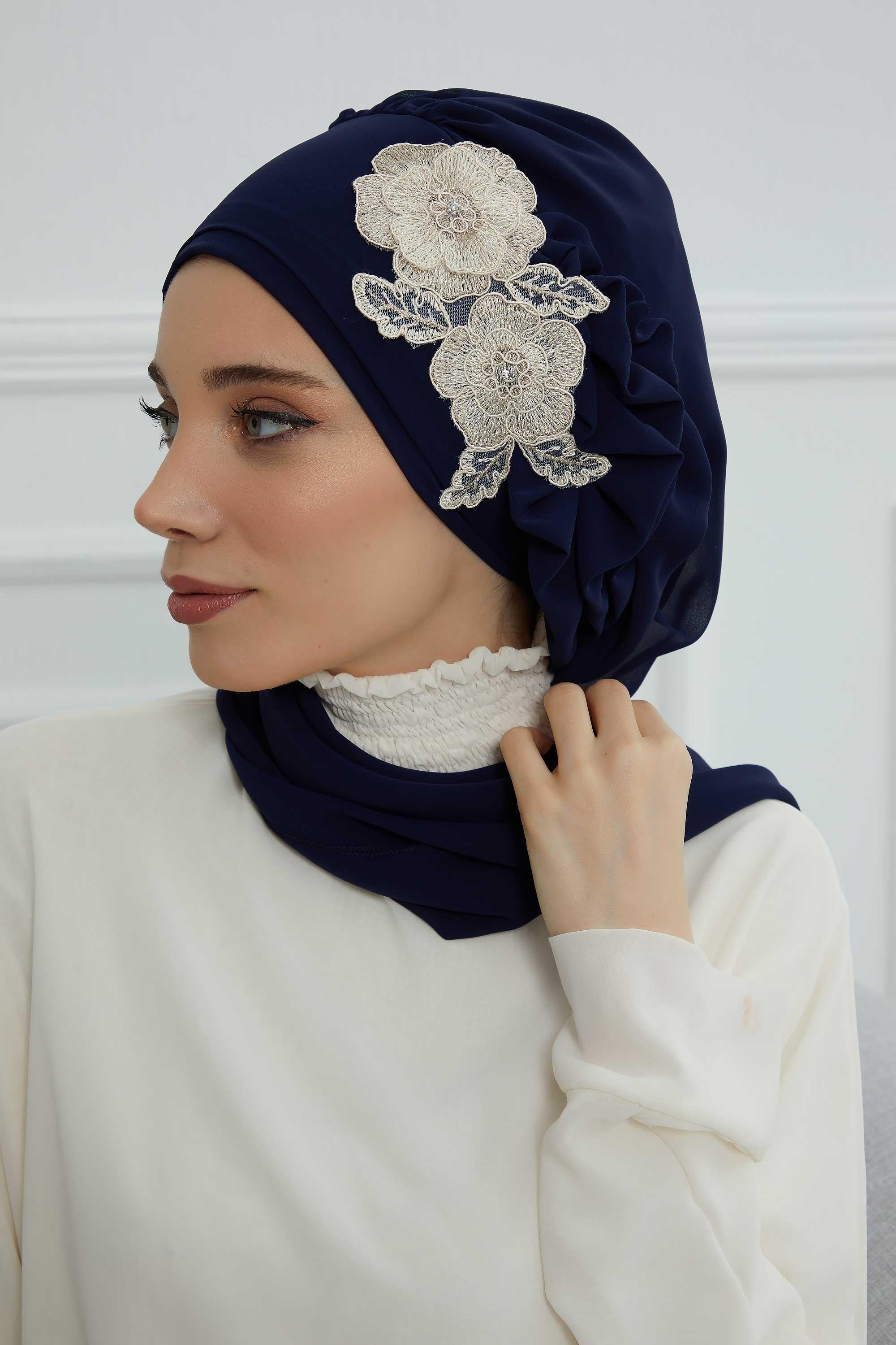 Yandan Fırfırlı Çiçek Aksesuarlı Şifon Hazır Türban,HT-102,HT-102