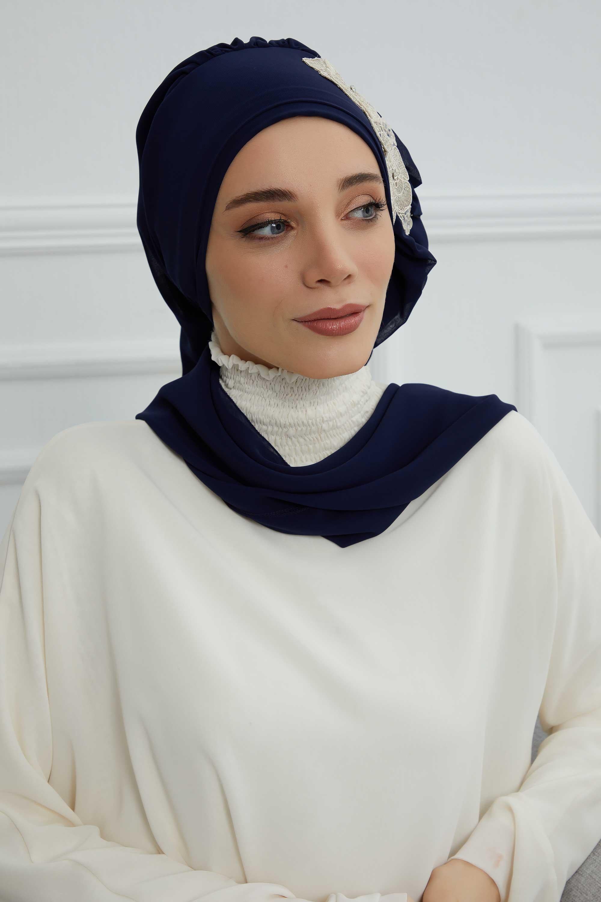 Yandan Fırfırlı Çiçek Aksesuarlı Şifon Hazır Türban,HT-102,HT-102