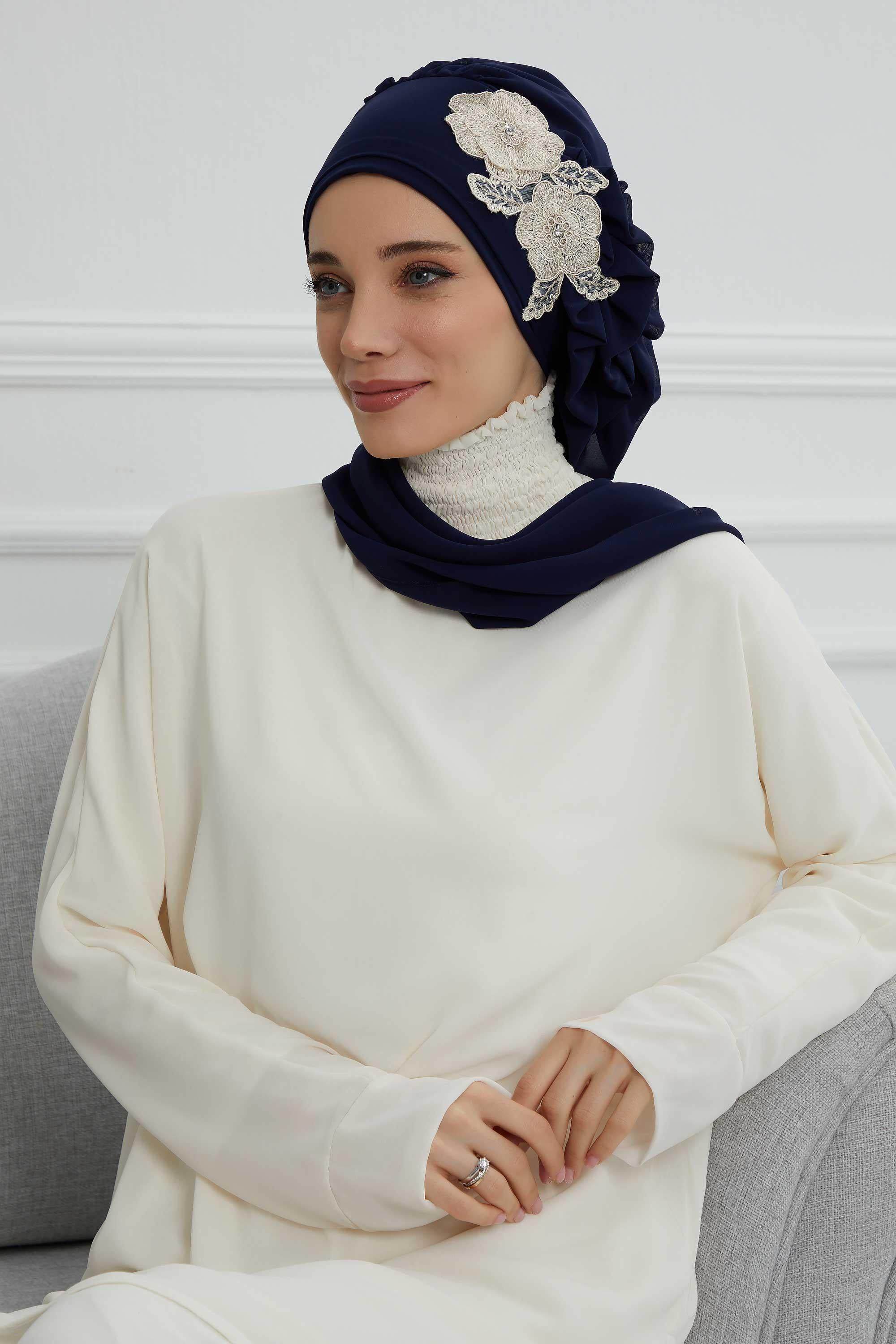 Yandan Fırfırlı Çiçek Aksesuarlı Şifon Hazır Türban,HT-102,HT-102