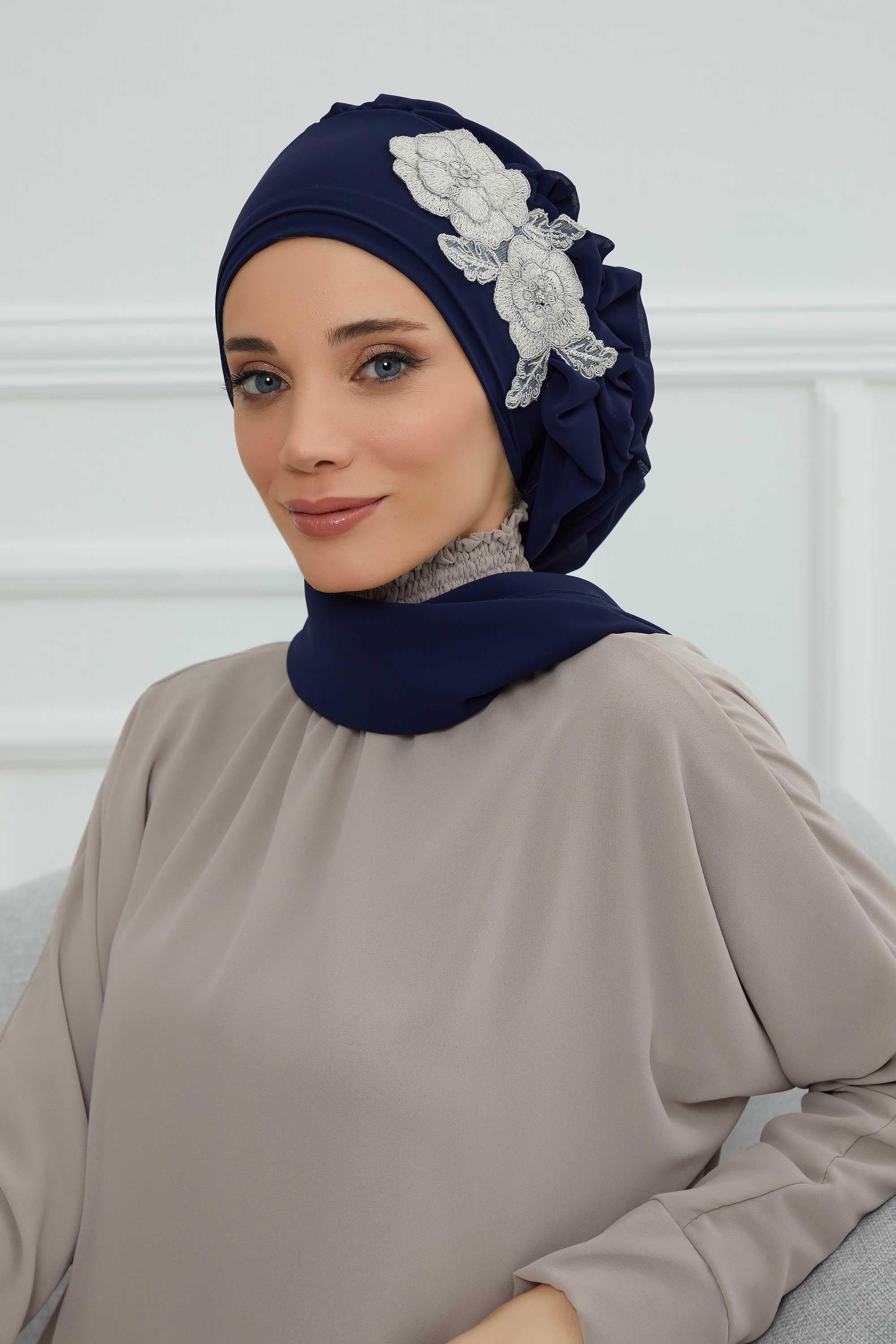Yandan Fırfırlı Çiçek Aksesuarlı Şifon Hazır Türban,HT-102,HT-102