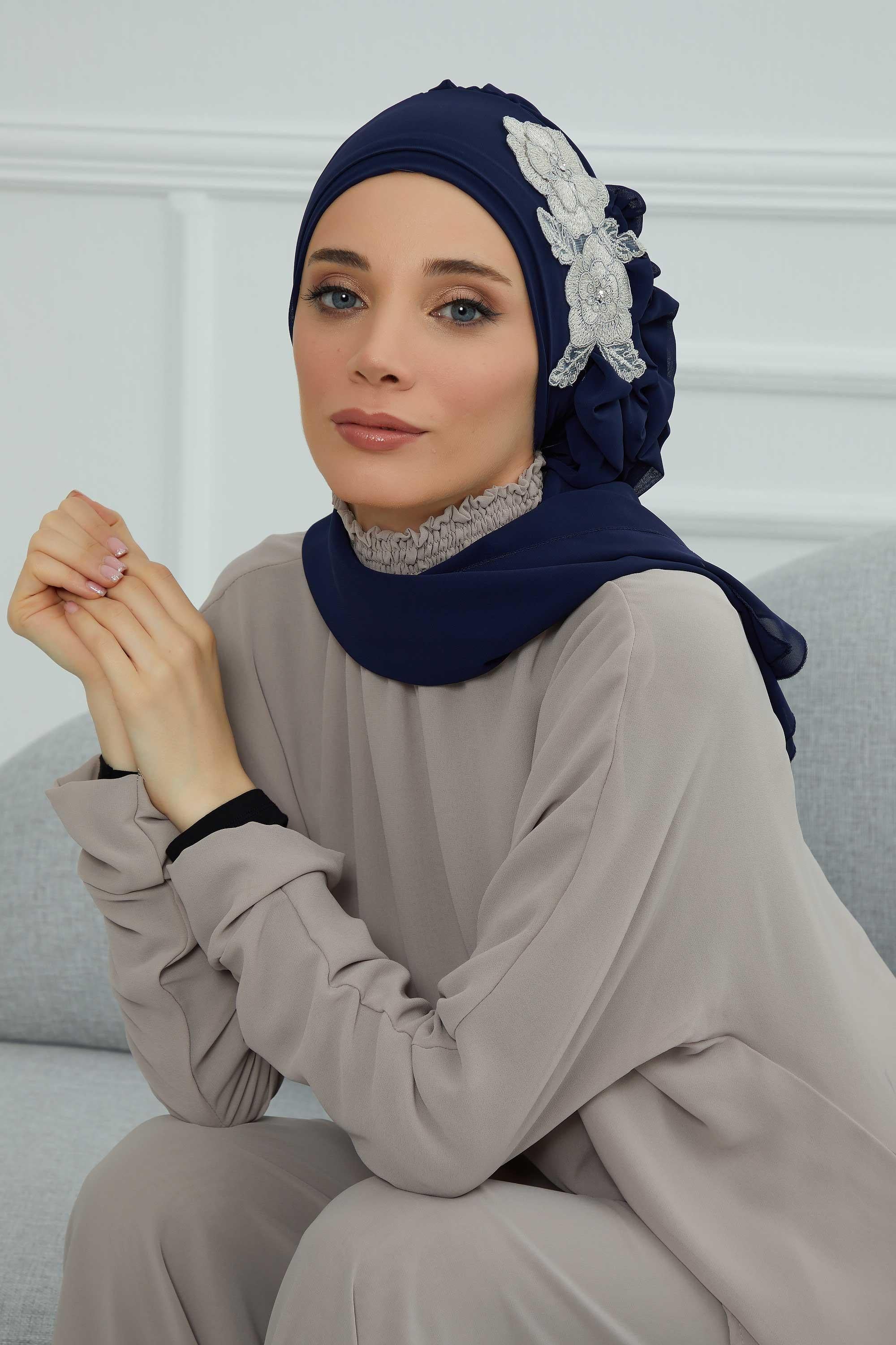 Yandan Fırfırlı Çiçek Aksesuarlı Şifon Hazır Türban,HT-102,HT-102