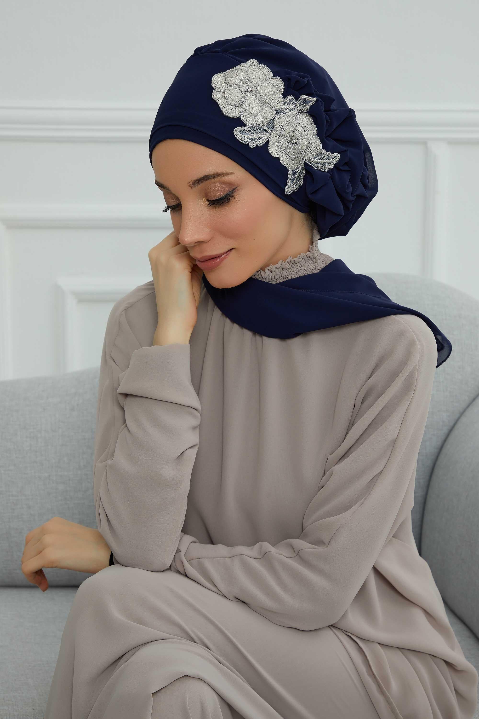 Yandan Fırfırlı Çiçek Aksesuarlı Şifon Hazır Türban,HT-102,HT-102