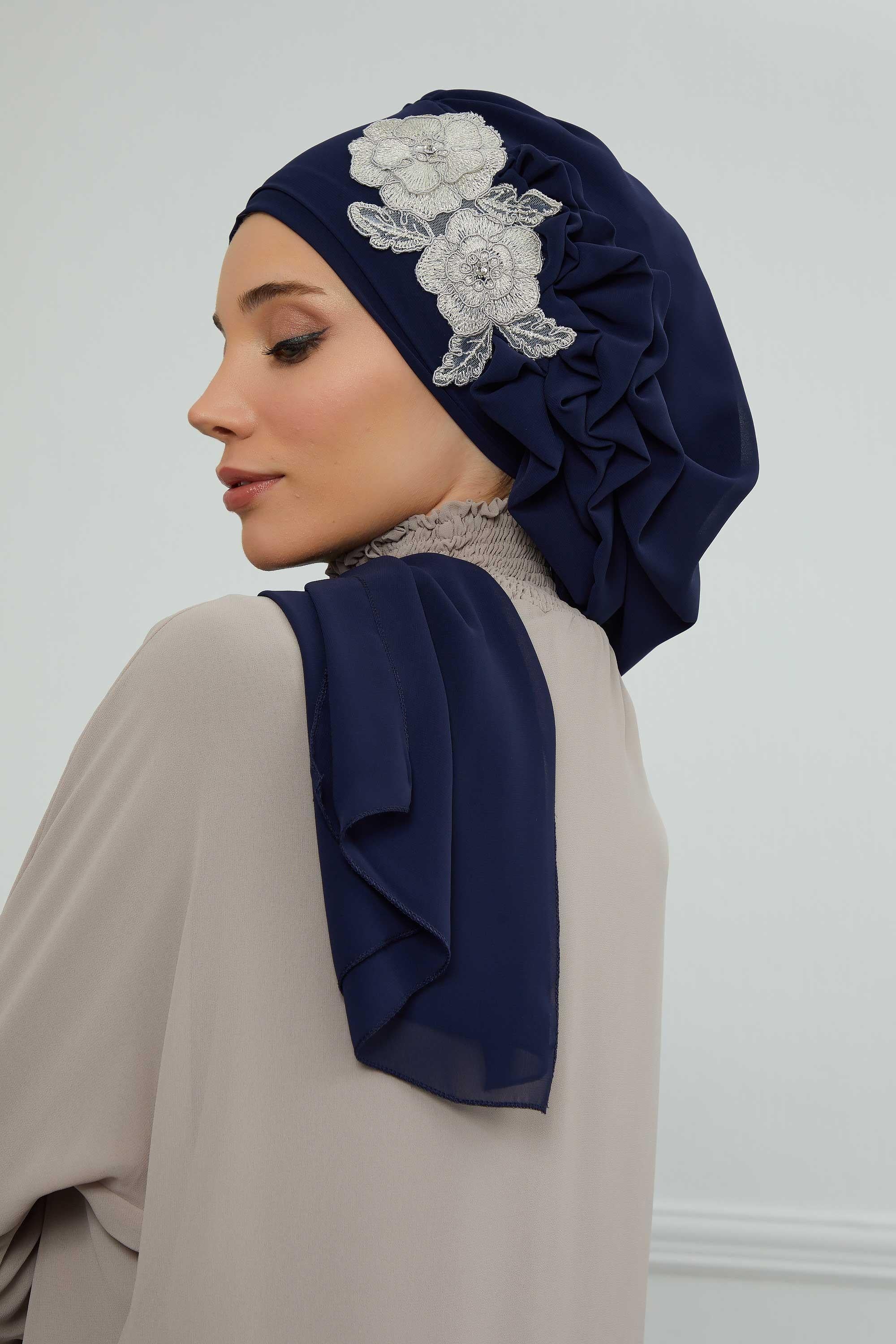 Yandan Fırfırlı Çiçek Aksesuarlı Şifon Hazır Türban,HT-102,HT-102