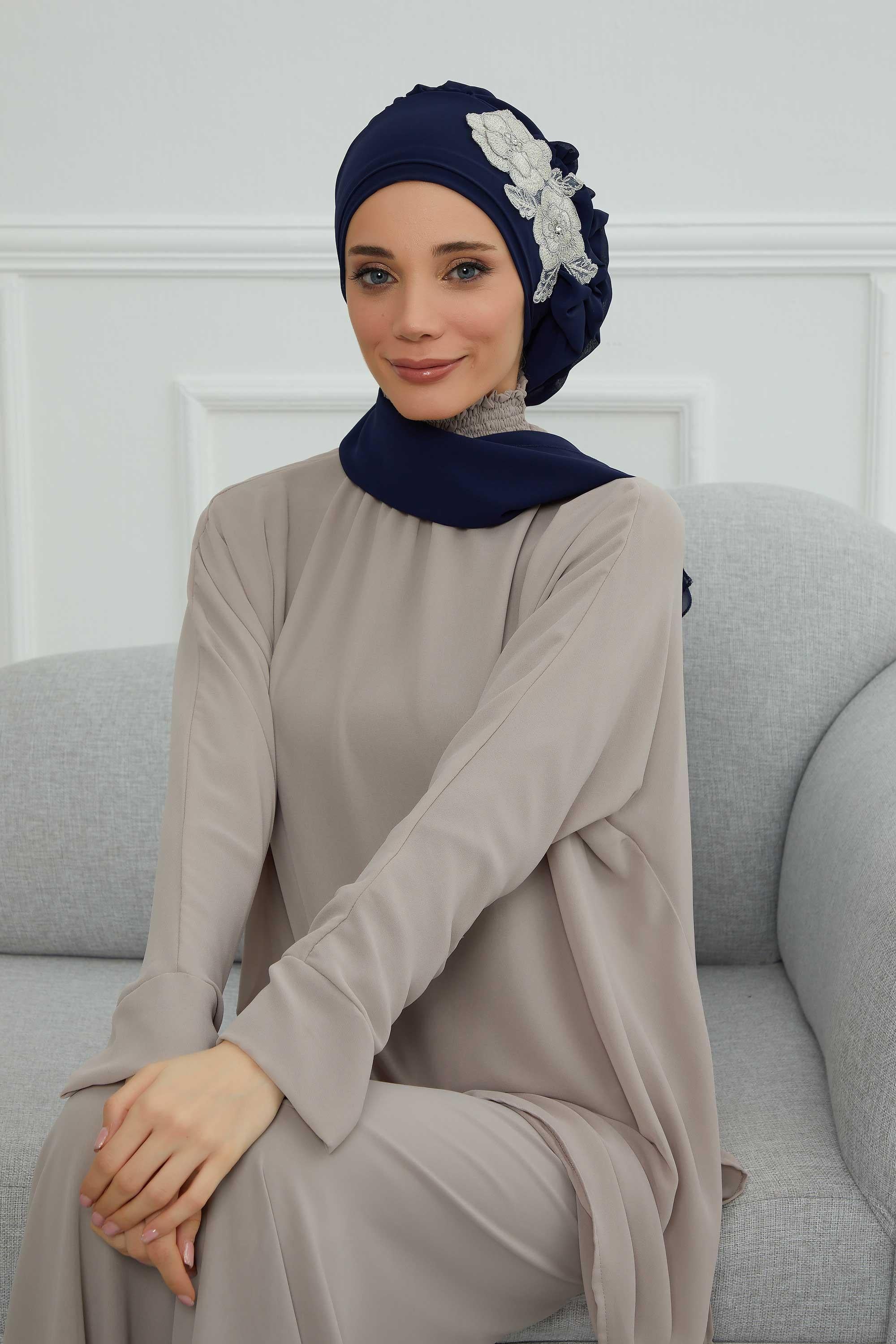 Yandan Fırfırlı Çiçek Aksesuarlı Şifon Hazır Türban,HT-102,HT-102
