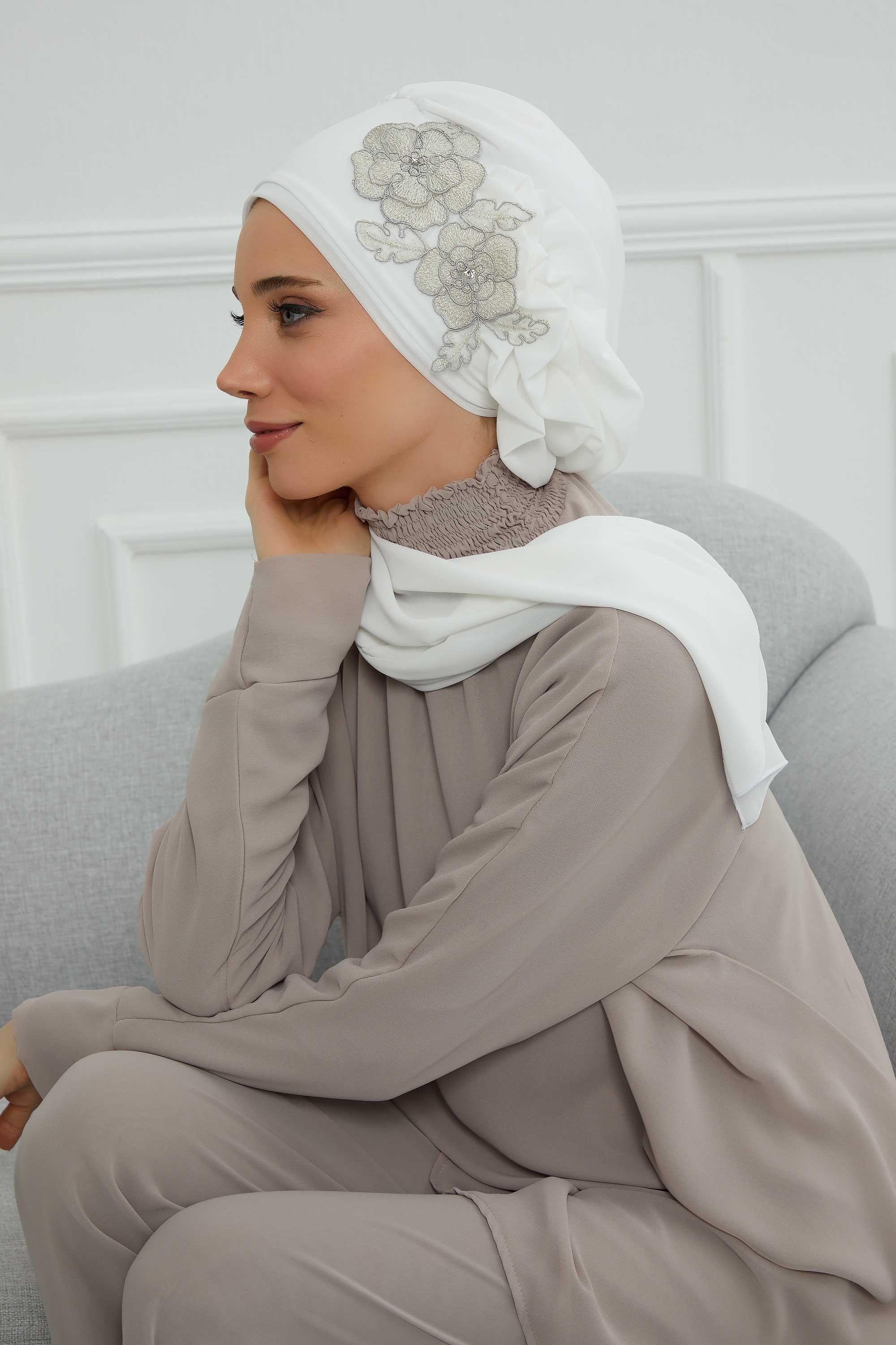 Yandan Fırfırlı Çiçek Aksesuarlı Şifon Hazır Türban,HT-102,HT-102