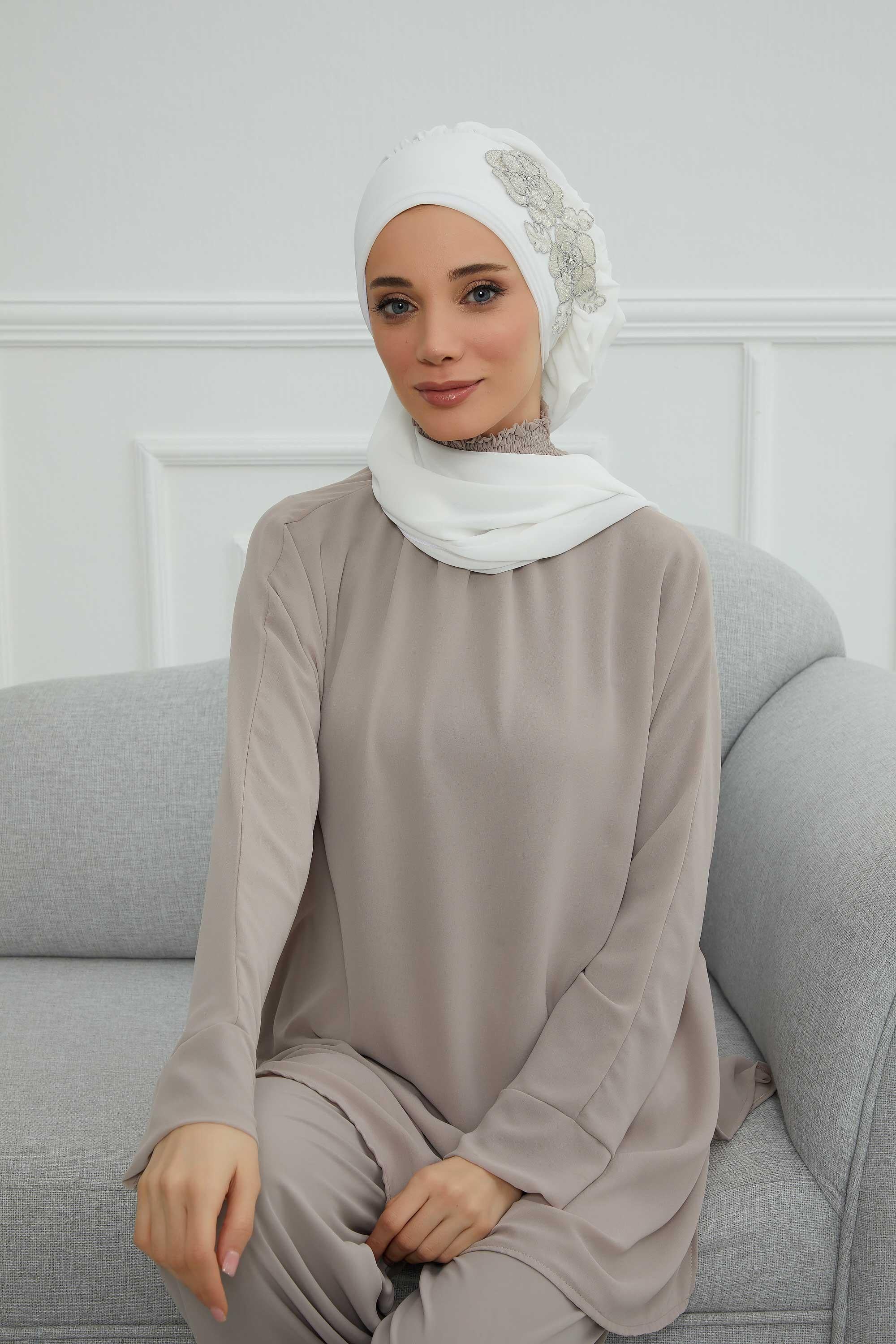 Yandan Fırfırlı Çiçek Aksesuarlı Şifon Hazır Türban,HT-102,HT-102