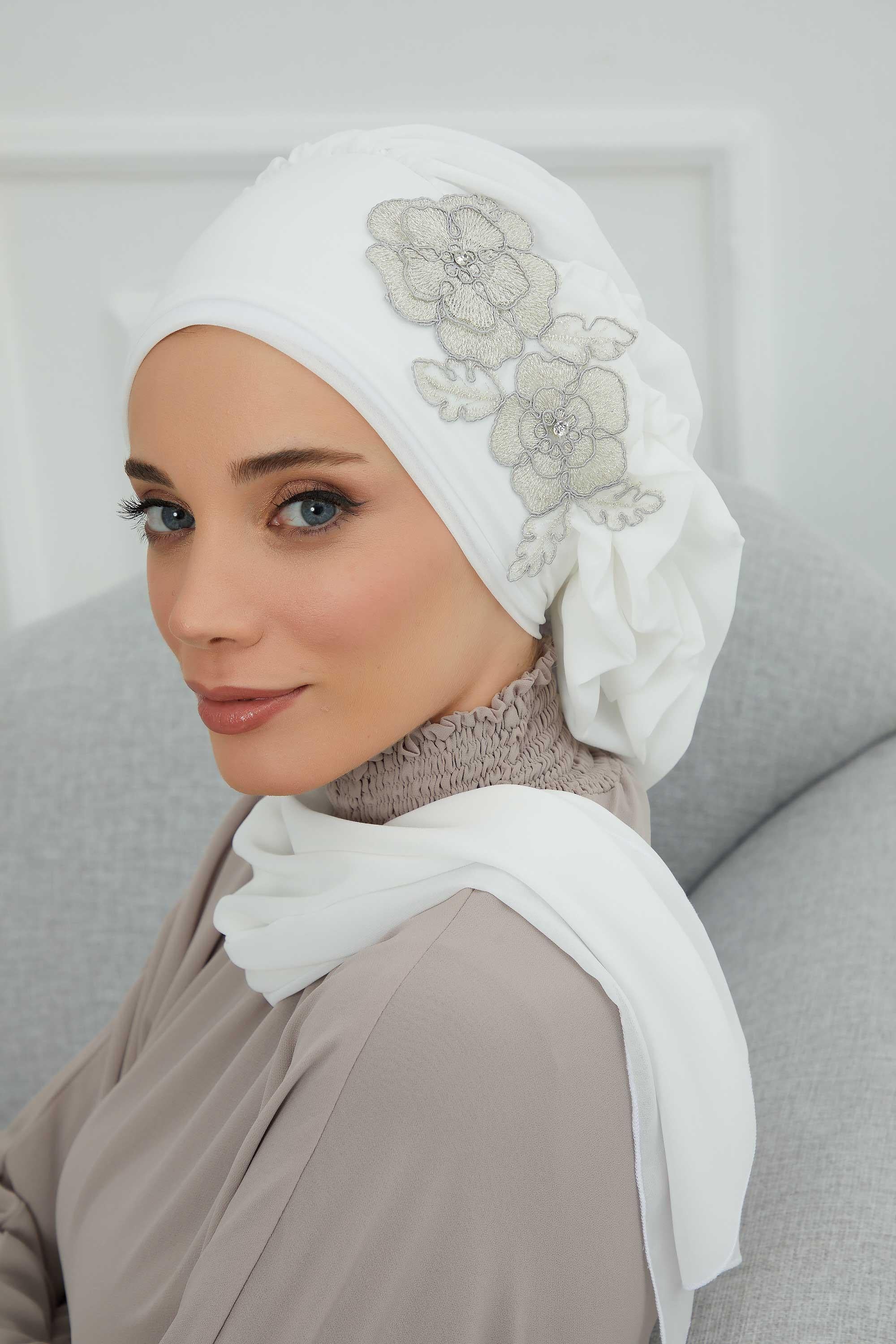 Yandan Fırfırlı Çiçek Aksesuarlı Şifon Hazır Türban,HT-102,HT-102