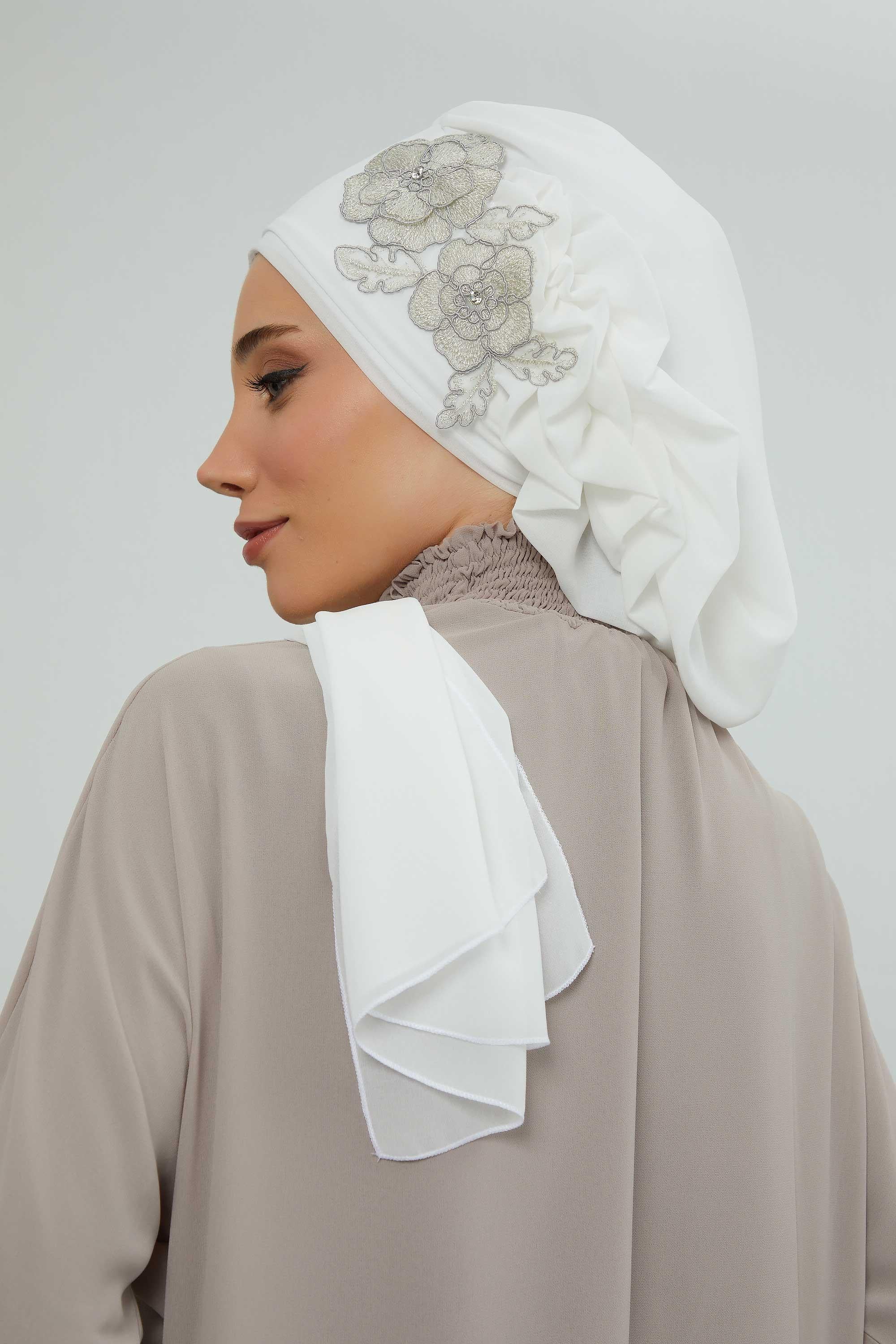 Yandan Fırfırlı Çiçek Aksesuarlı Şifon Hazır Türban,HT-102,HT-102