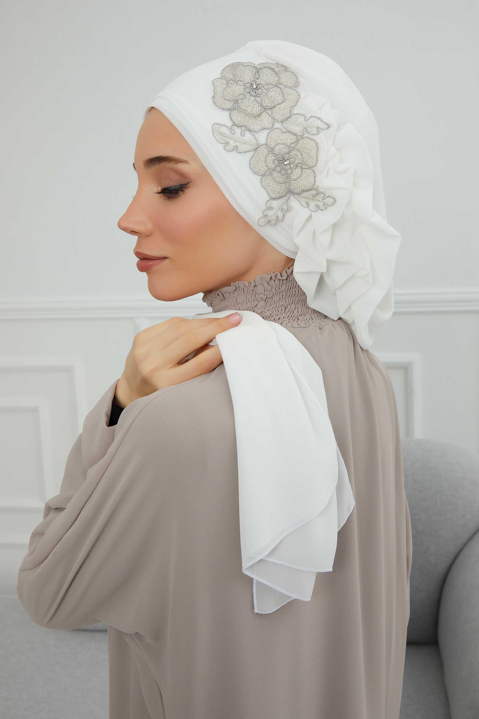 Yandan Fırfırlı Çiçek Aksesuarlı Şifon Hazır Türban,HT-102,HT-102