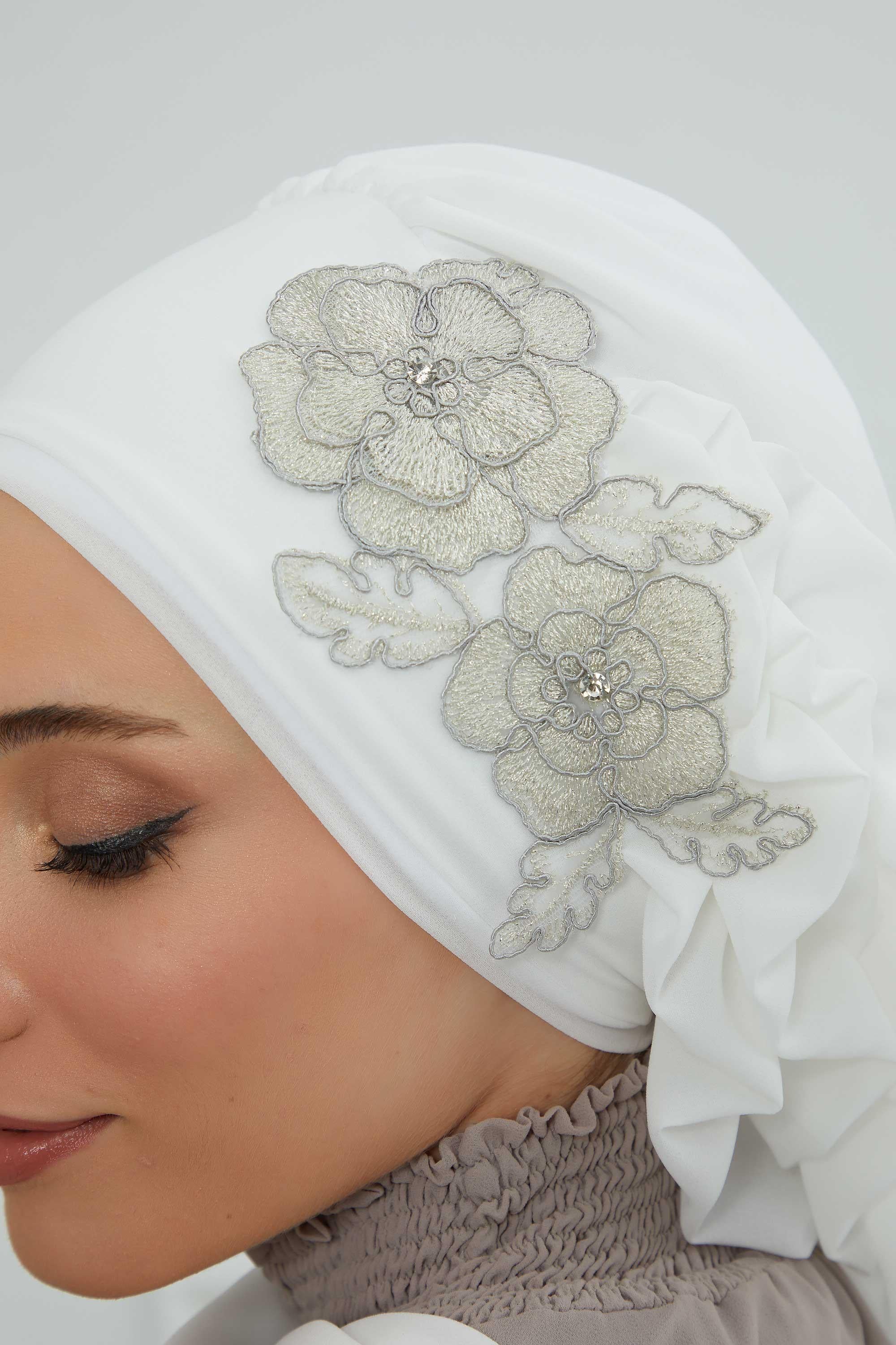 Yandan Fırfırlı Çiçek Aksesuarlı Şifon Hazır Türban,HT-102,HT-102