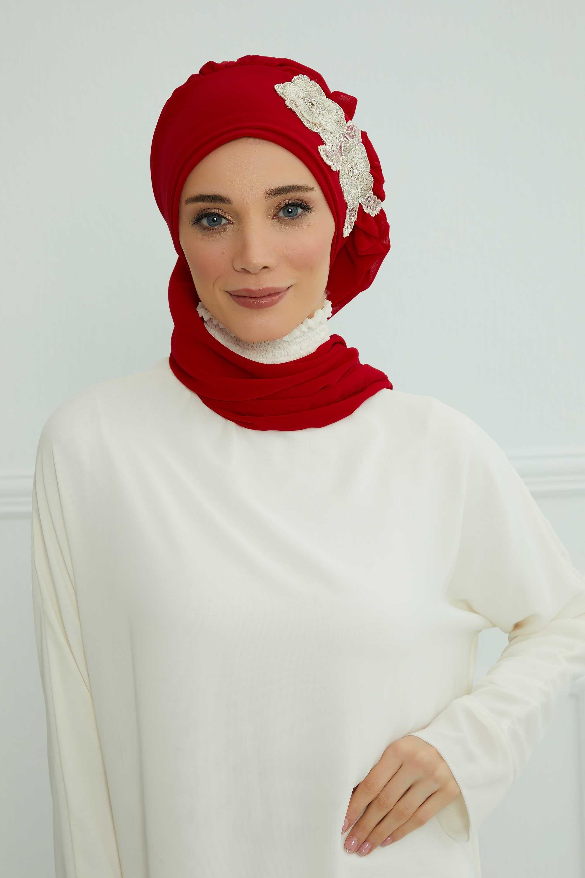 Yandan Fırfırlı Çiçek Aksesuarlı Şifon Hazır Türban,HT-102,HT-102