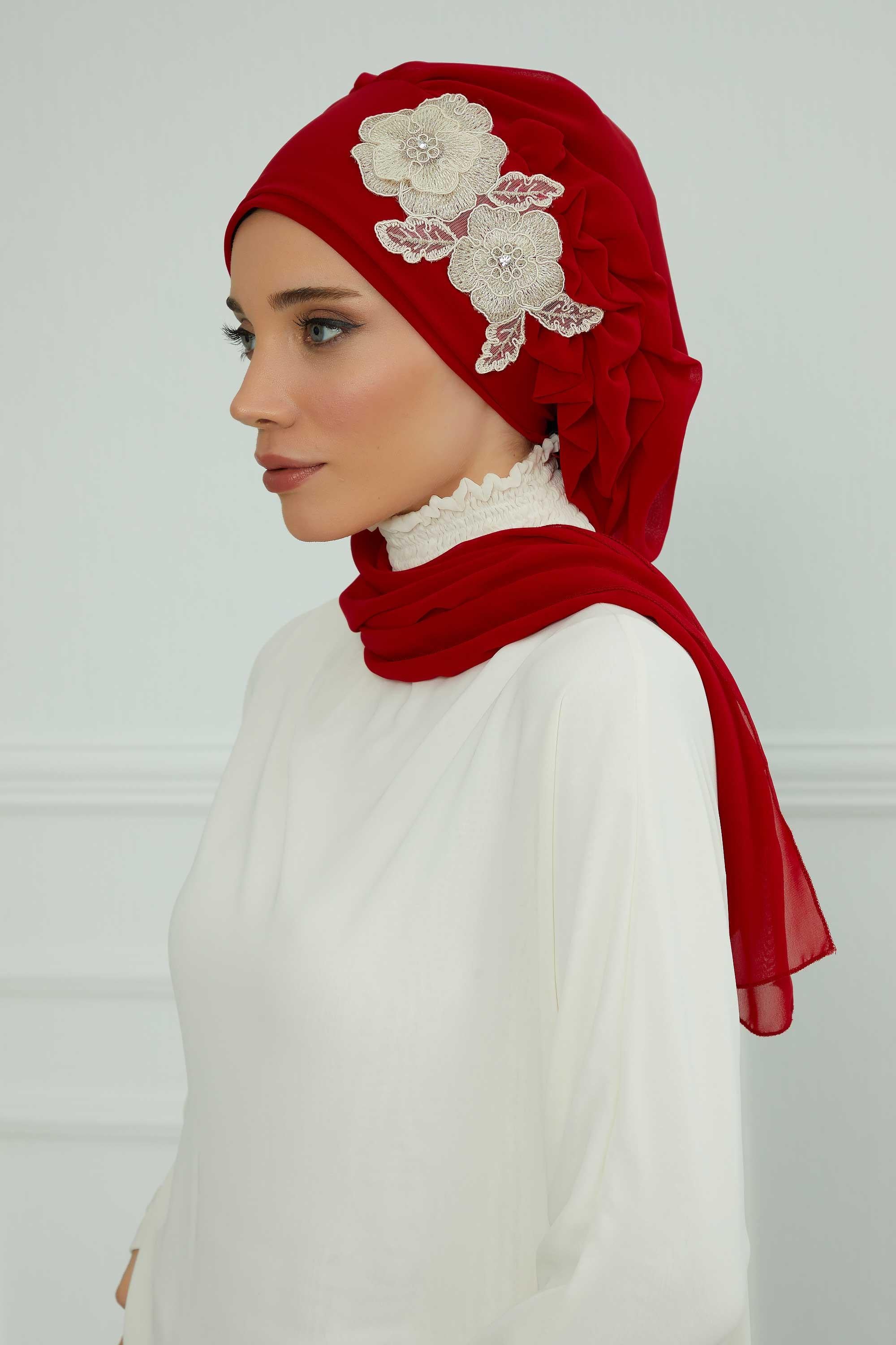 Yandan Fırfırlı Çiçek Aksesuarlı Şifon Hazır Türban,HT-102,HT-102