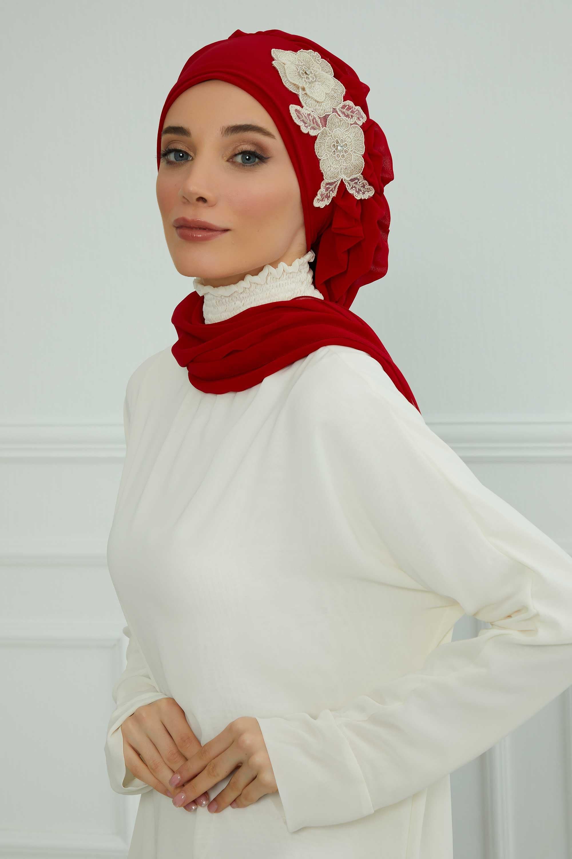 Yandan Fırfırlı Çiçek Aksesuarlı Şifon Hazır Türban,HT-102,HT-102