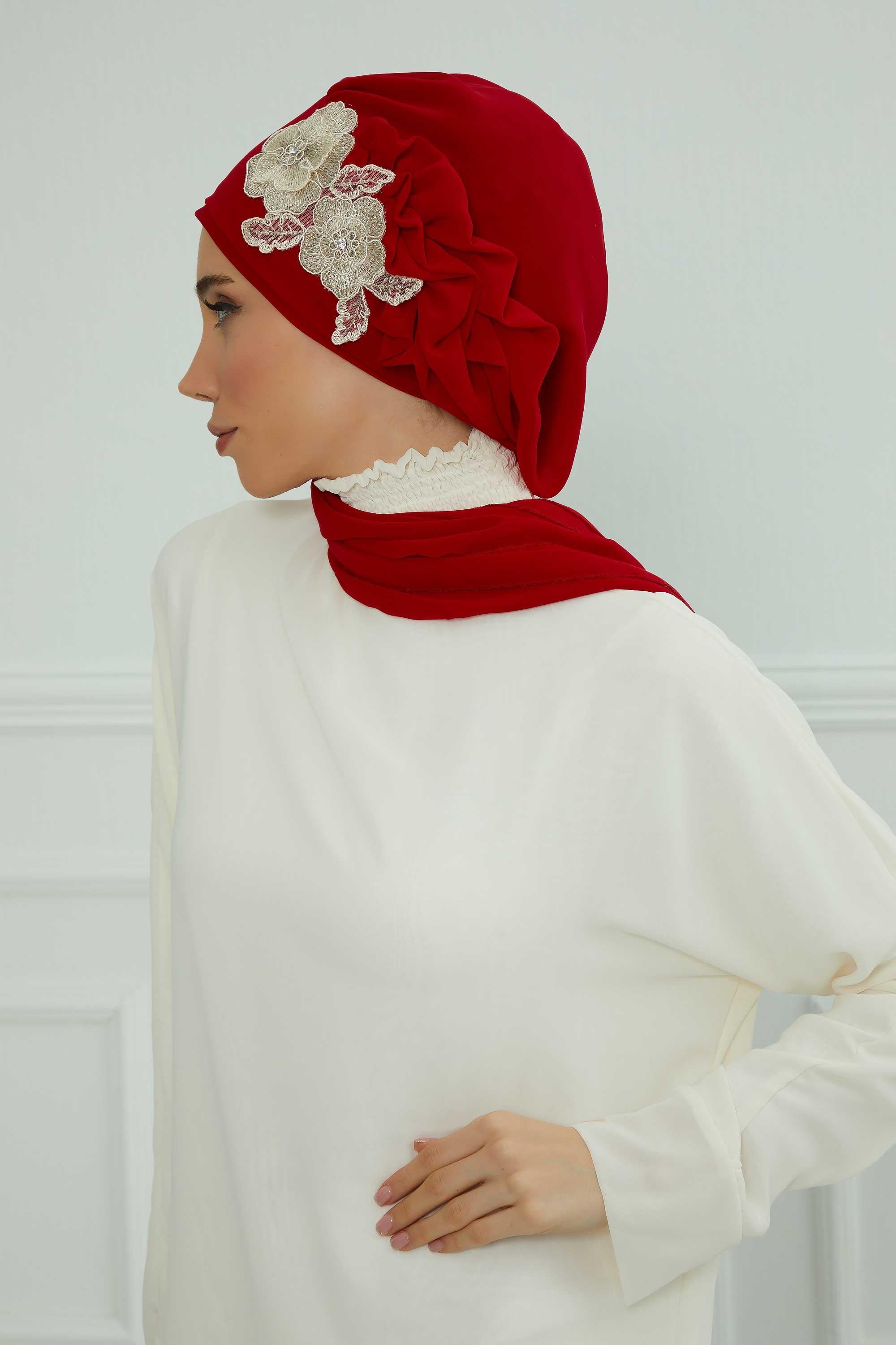 Yandan Fırfırlı Çiçek Aksesuarlı Şifon Hazır Türban,HT-102,HT-102