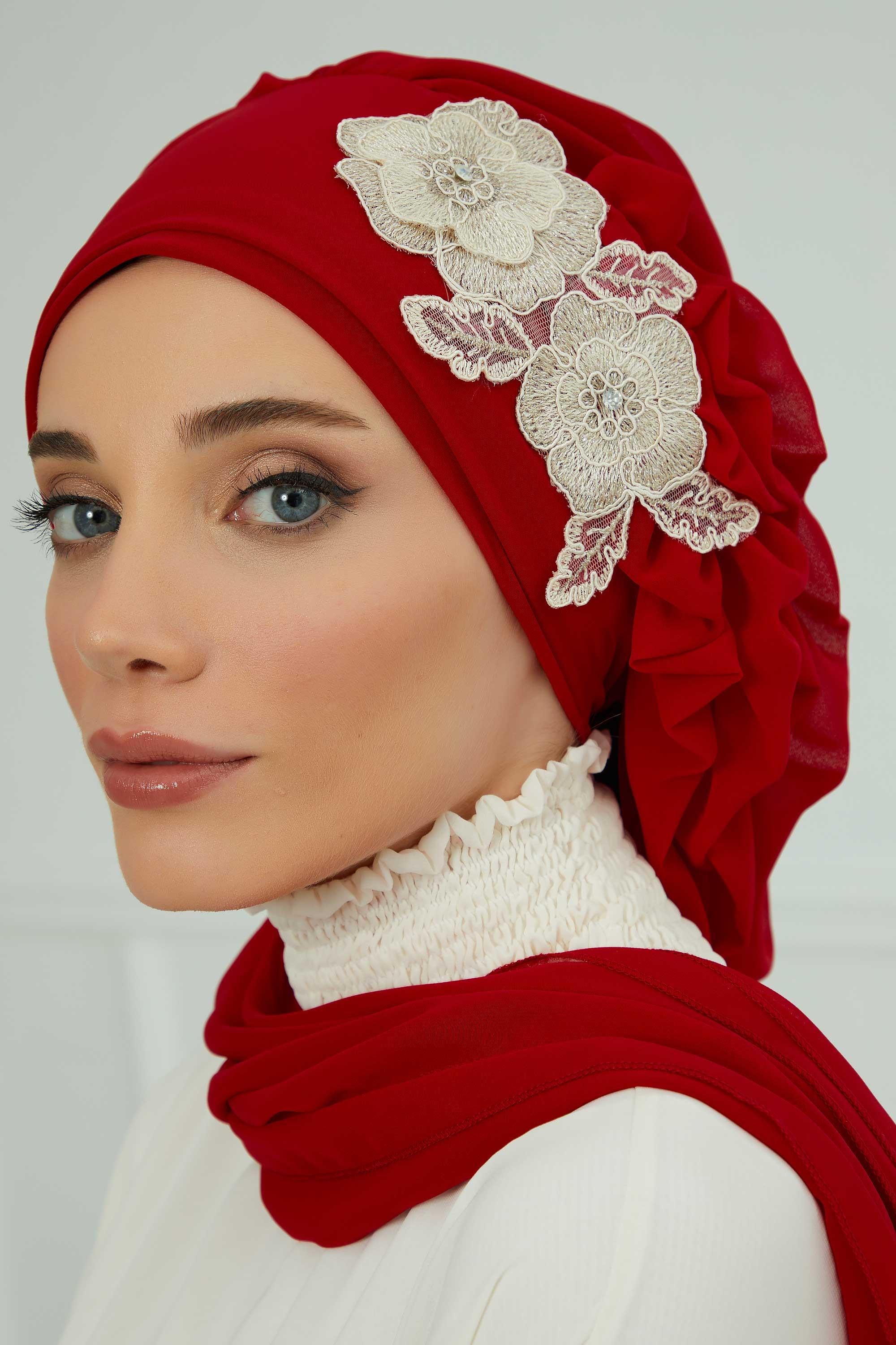 Yandan Fırfırlı Çiçek Aksesuarlı Şifon Hazır Türban,HT-102,HT-102