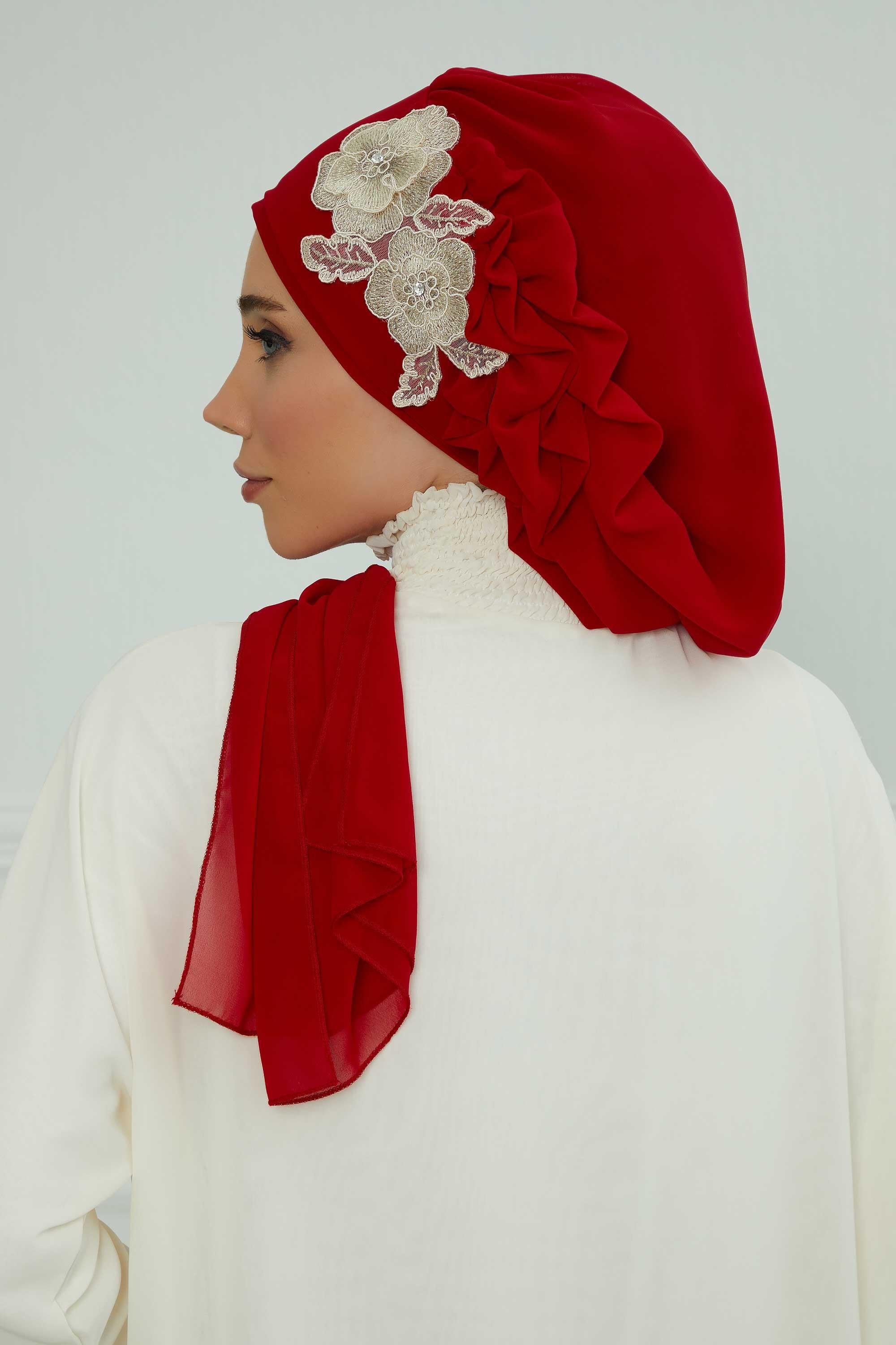 Yandan Fırfırlı Çiçek Aksesuarlı Şifon Hazır Türban,HT-102,HT-102