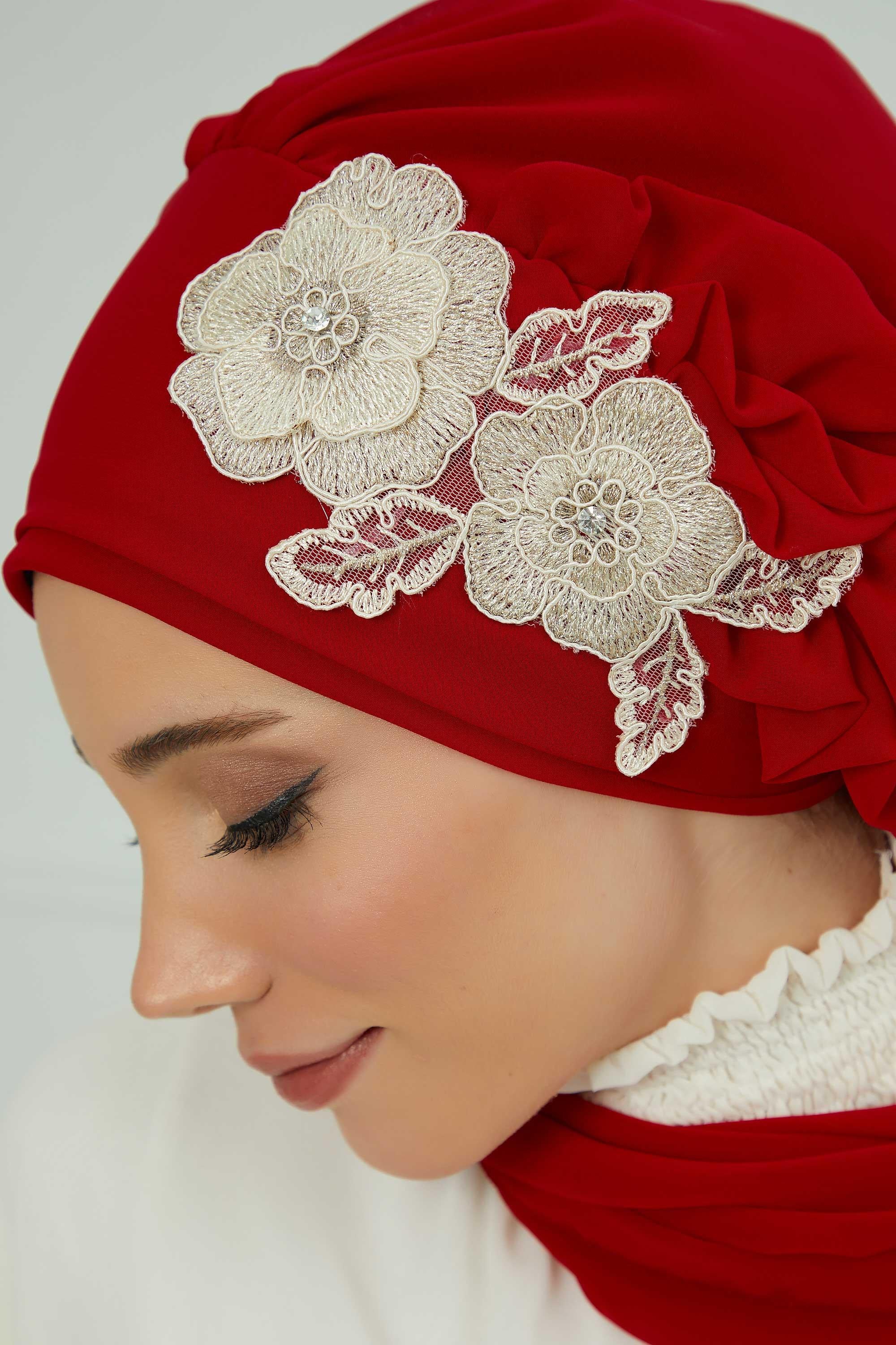Yandan Fırfırlı Çiçek Aksesuarlı Şifon Hazır Türban,HT-102,HT-102