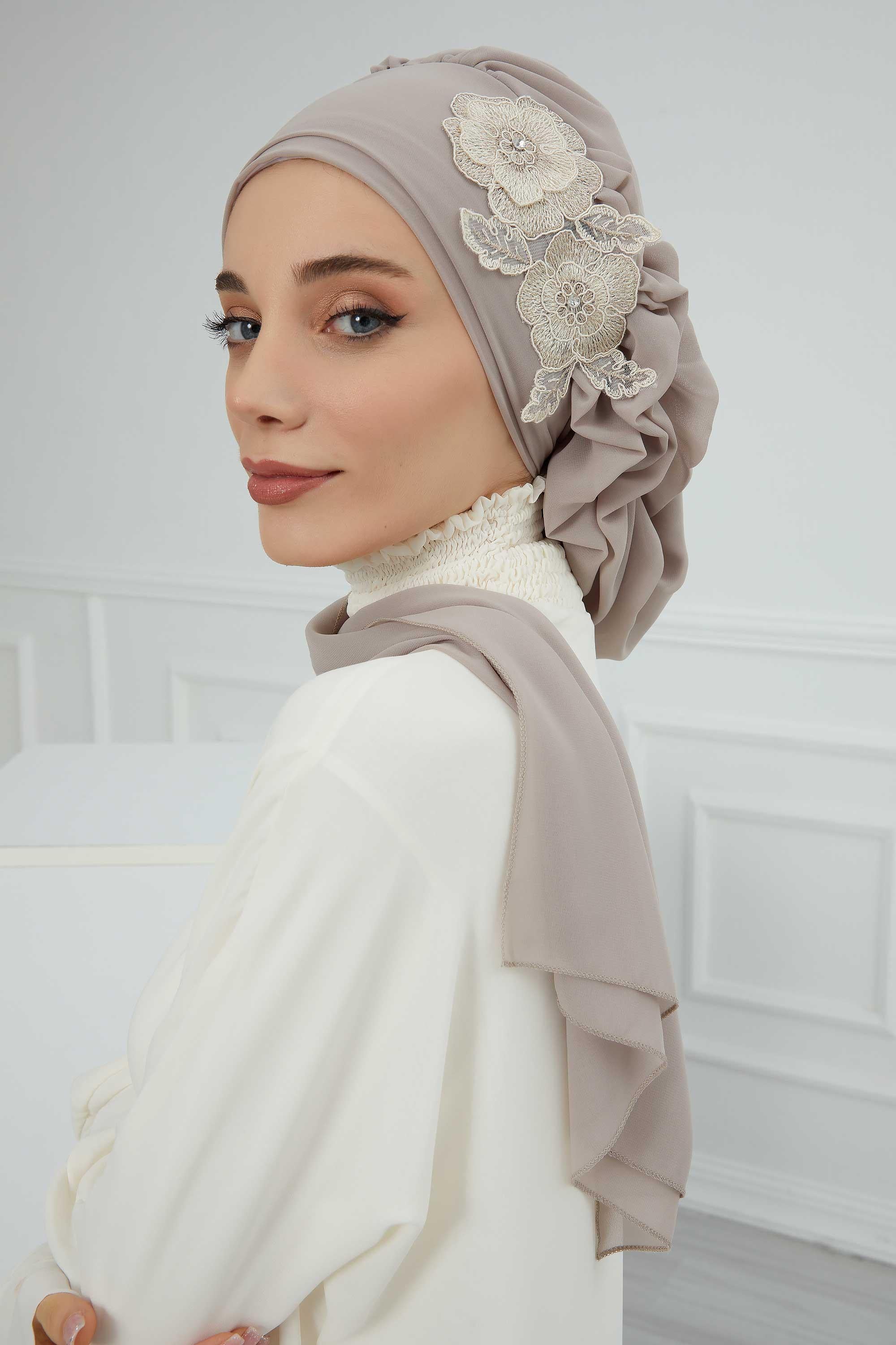Yandan Fırfırlı Çiçek Aksesuarlı Şifon Hazır Türban,HT-102,HT-102