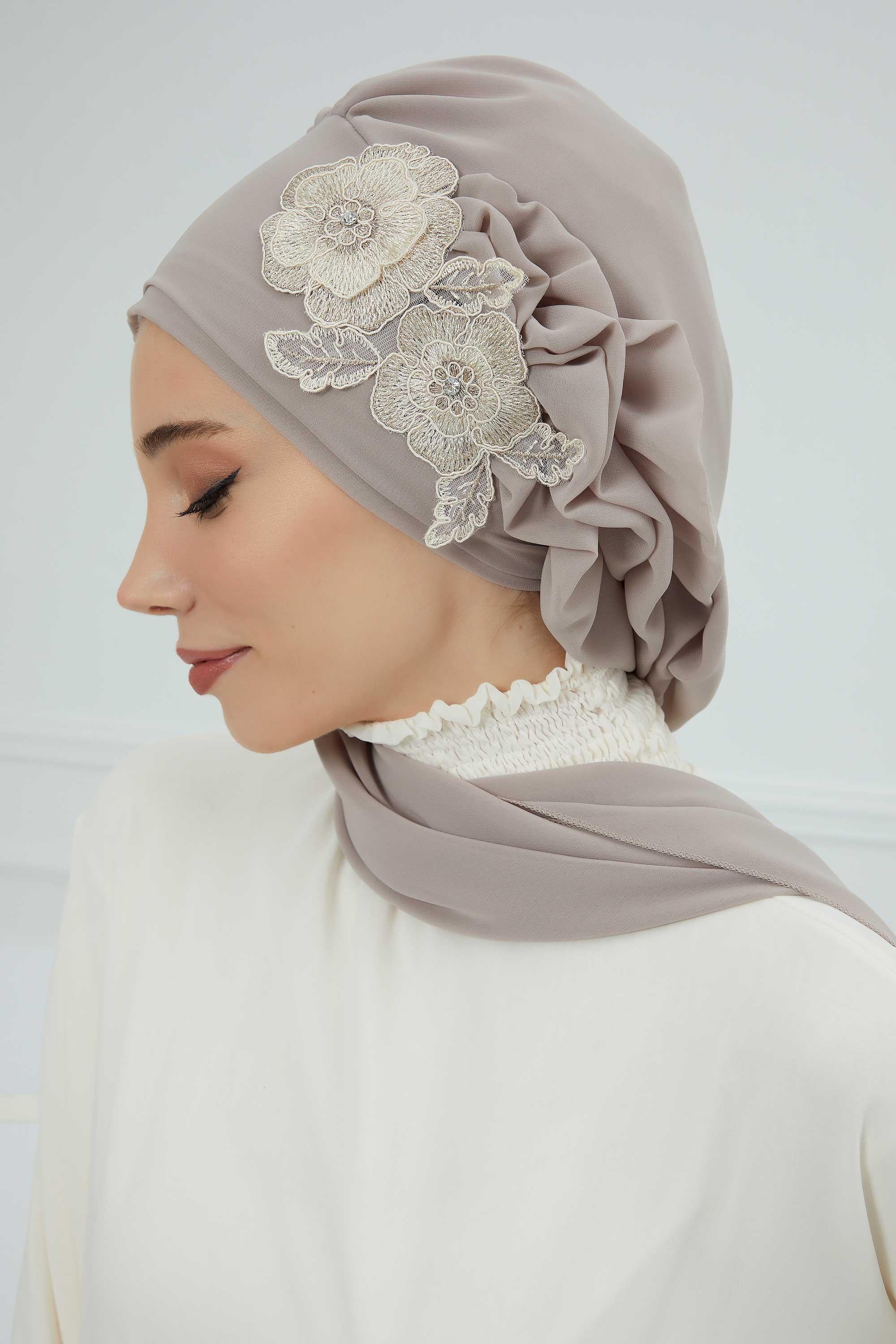 Yandan Fırfırlı Çiçek Aksesuarlı Şifon Hazır Türban,HT-102,HT-102